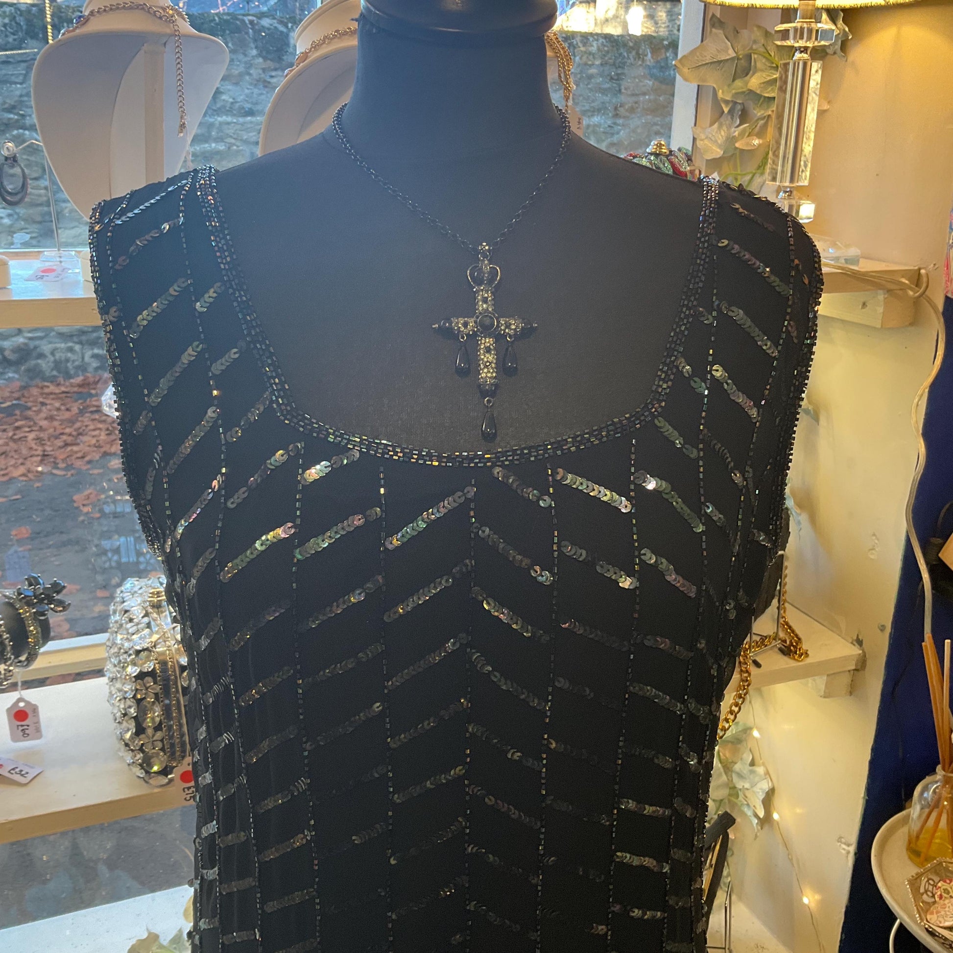 Vintage Butler and Wilson Large Ornate Cross Pendant, Black pewter and silver tones with teardrop crystals