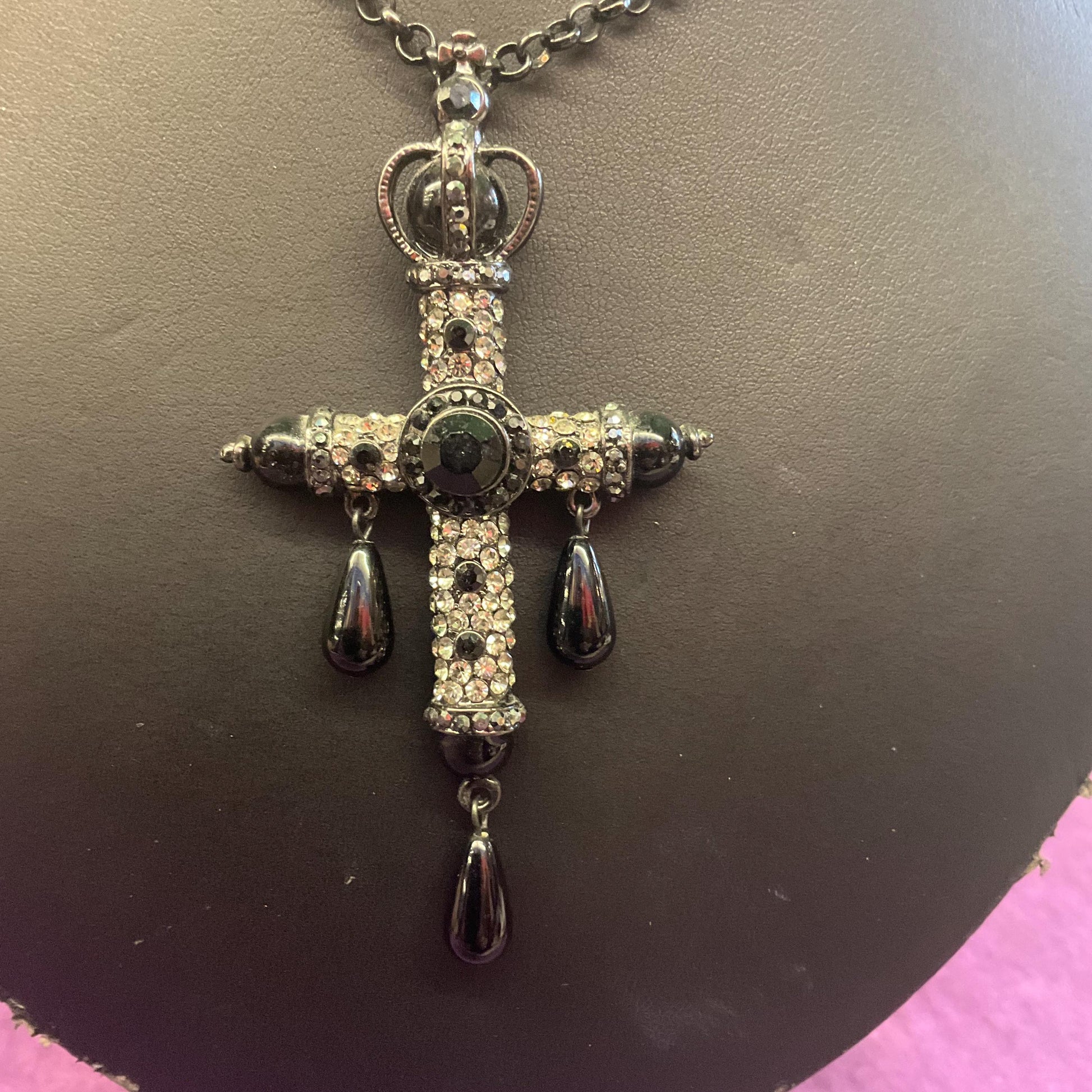 Vintage Butler and Wilson Large Ornate Cross Pendant, Black pewter and silver tones with teardrop crystals