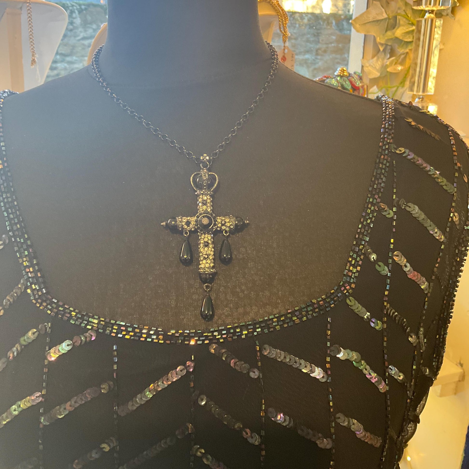 Vintage Butler and Wilson Large Ornate Cross Pendant, Black pewter and silver tones with teardrop crystals