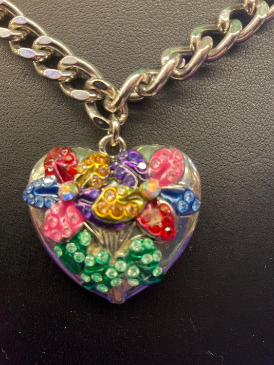 vintage Butler and Wilson floral heart pendant, silver tone metal with multicoloured enamel and borealis rhinestones.