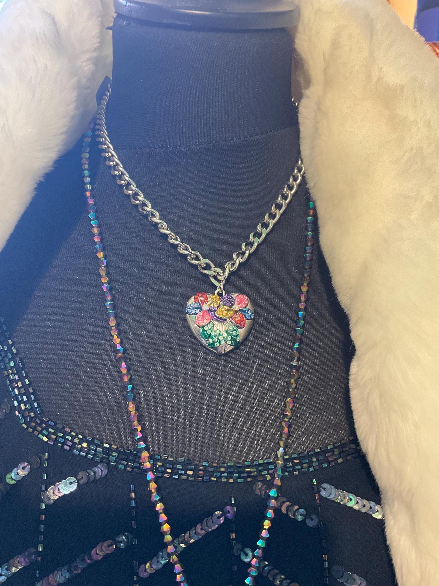 vintage Butler and Wilson floral heart pendant, silver tone metal with multicoloured enamel and borealis rhinestones.