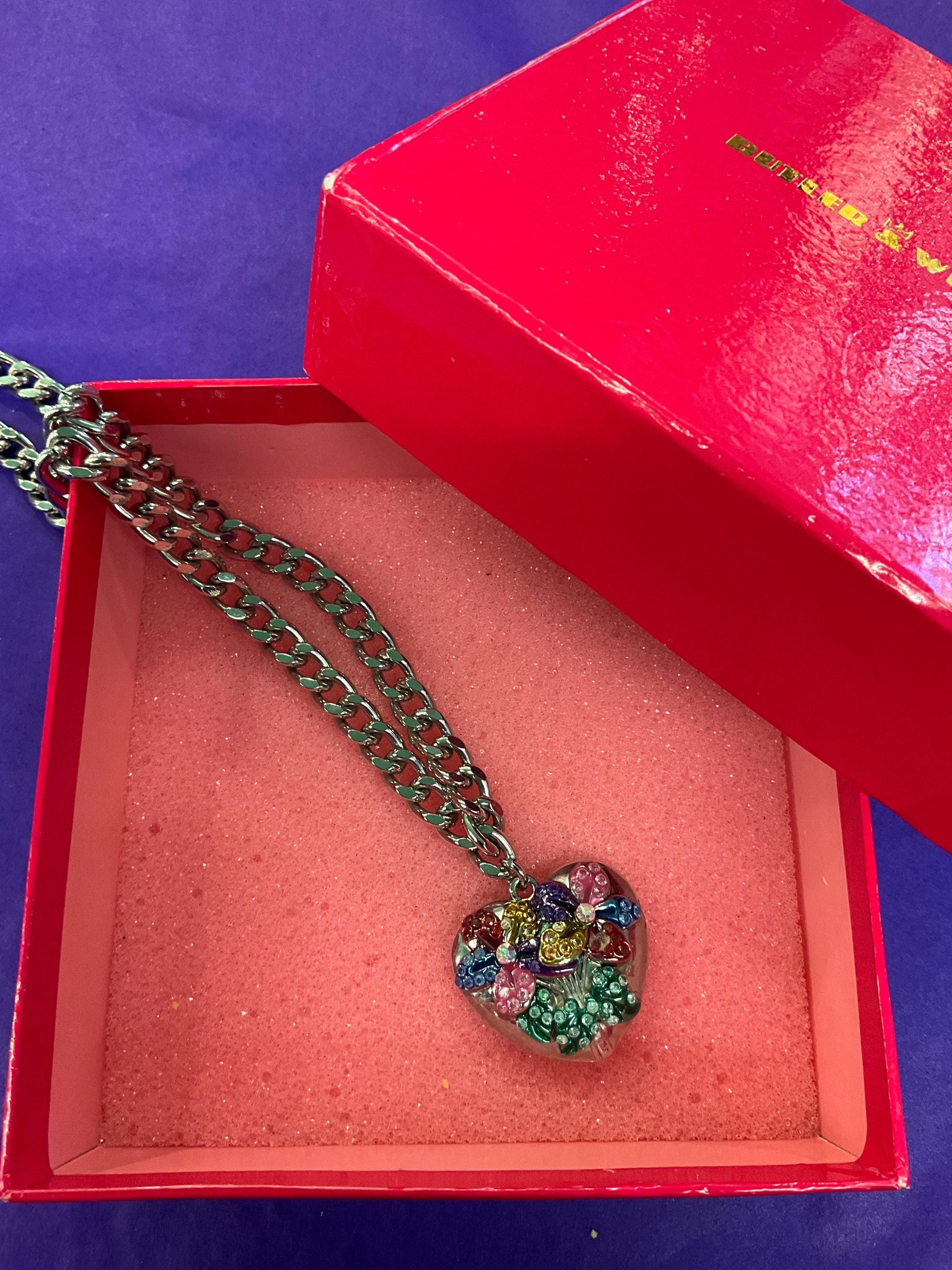 vintage Butler and Wilson floral heart pendant, silver tone metal with multicoloured enamel and borealis rhinestones.