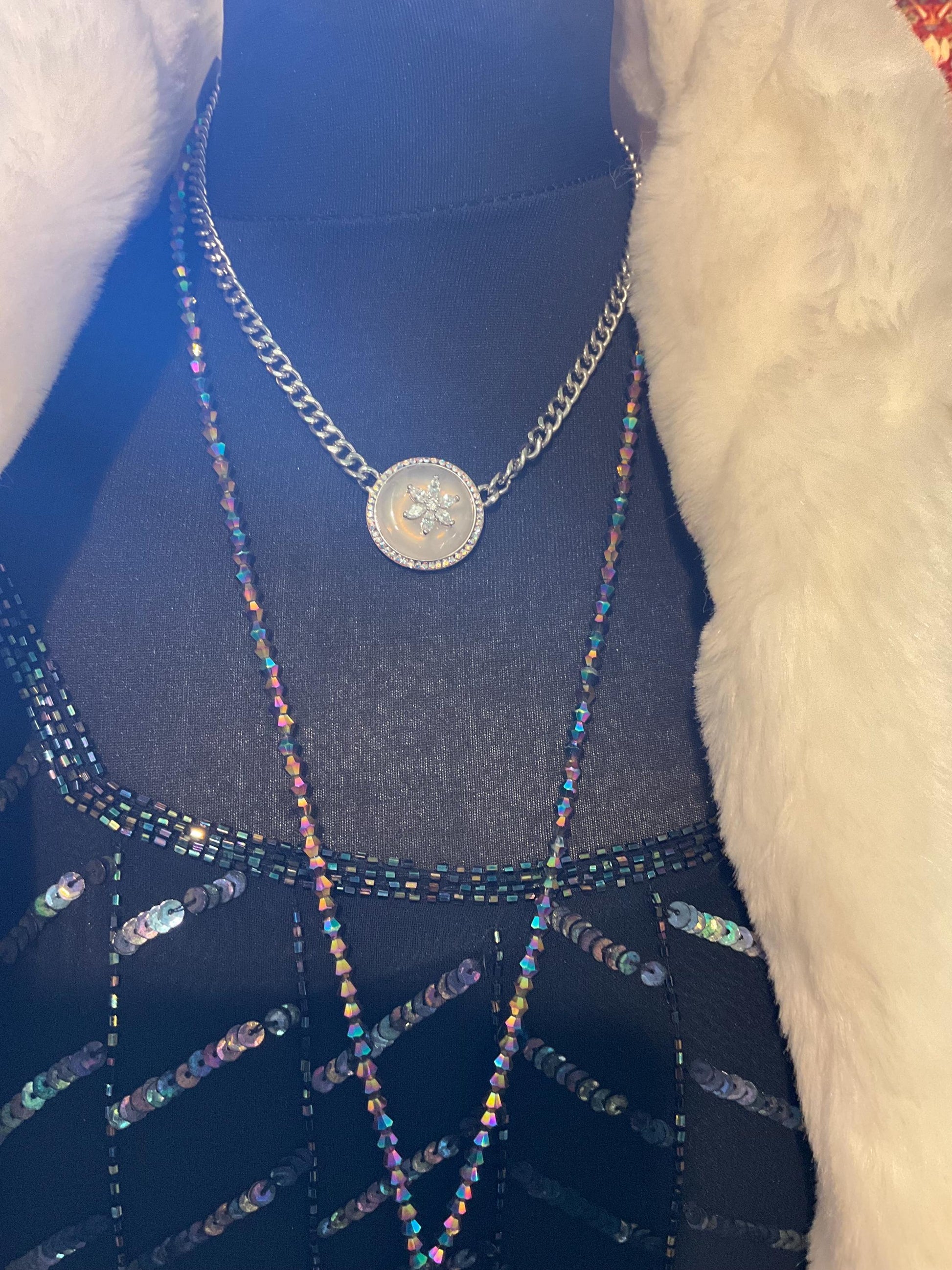 vintage Butler and Wilson crystal Art deco style necklace, silver tone with clear donut crystal, silver and aroura borealis rhinestones.