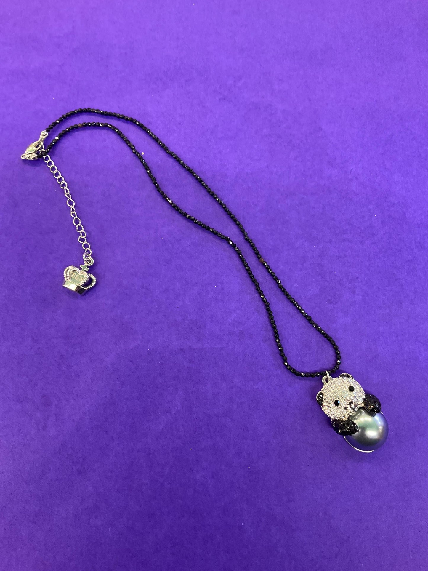 vintage Butler and Wilson crystal and fresh water pearl Panda pendant onto spinel gemstone fine beaded chain
