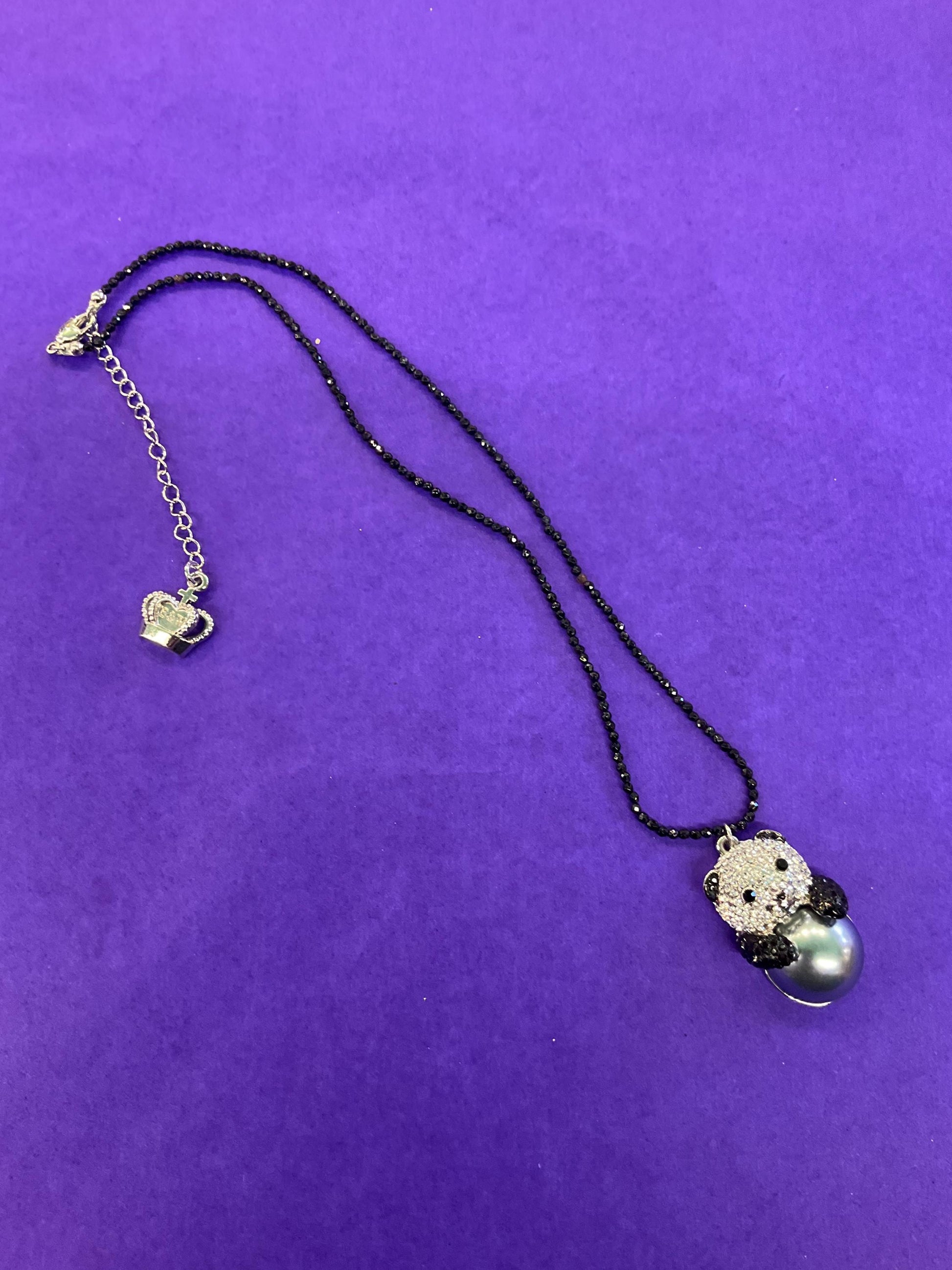 vintage Butler and Wilson crystal and fresh water pearl Panda pendant onto spinel gemstone fine beaded chain