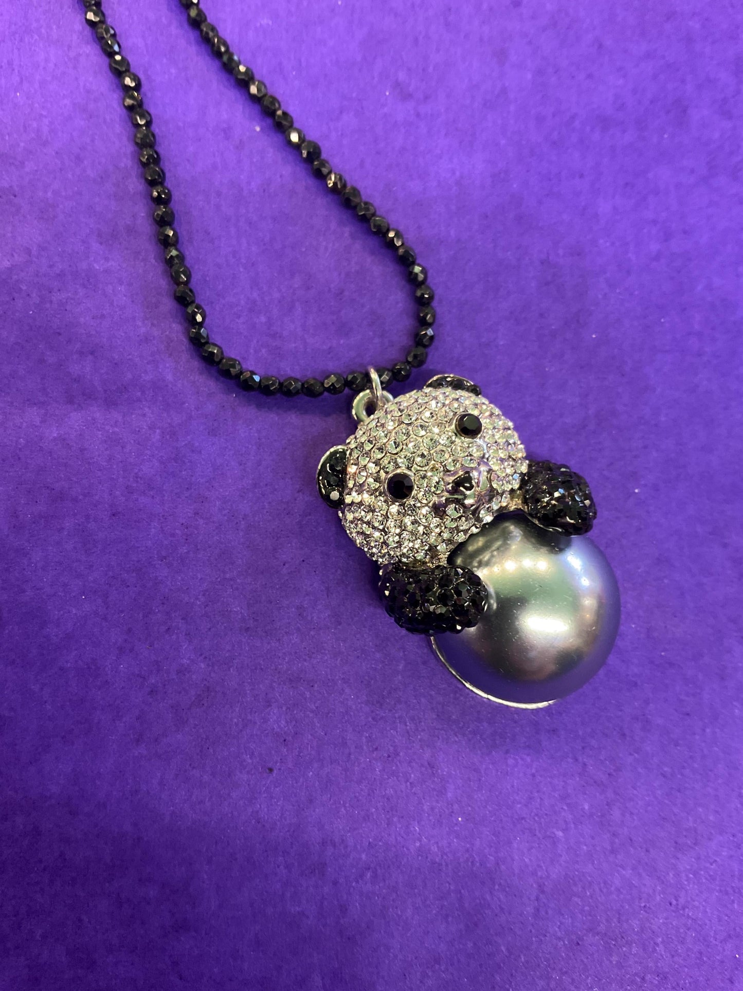 vintage Butler and Wilson crystal and fresh water pearl Panda pendant onto spinel gemstone fine beaded chain