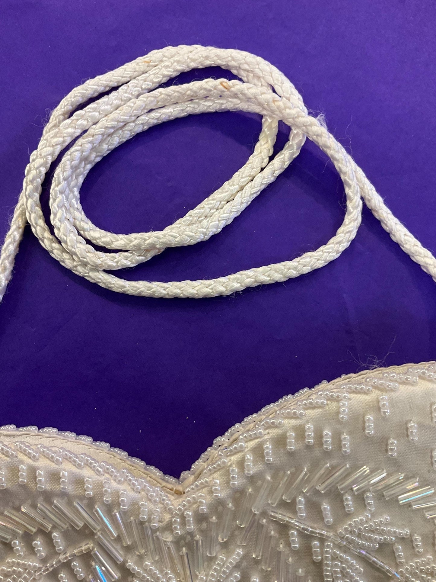 vintage ’sailsburys’ 1970s Ivory satin beaded evening bag, clutch or shoulder strap