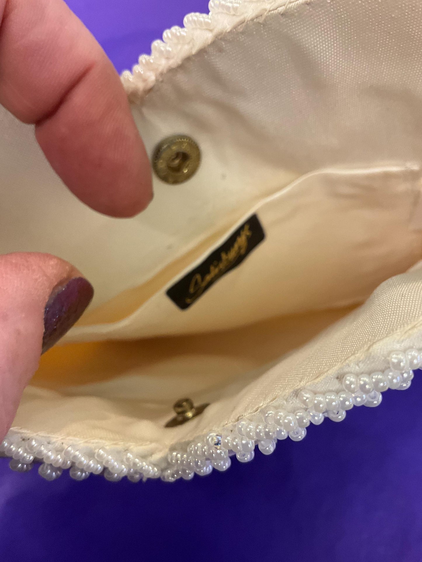 vintage ’sailsburys’ 1970s Ivory satin beaded evening bag, clutch or shoulder strap