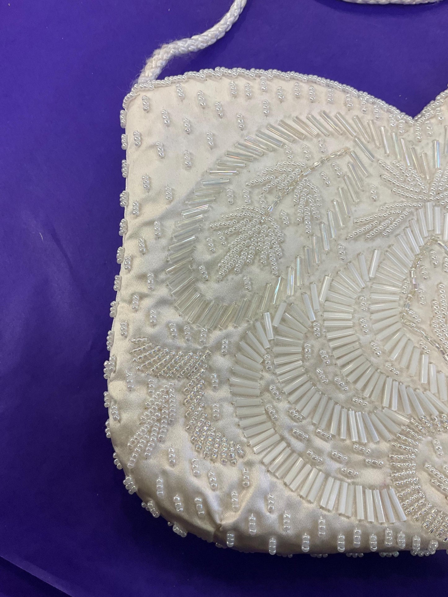 vintage ’sailsburys’ 1970s Ivory satin beaded evening bag, clutch or shoulder strap