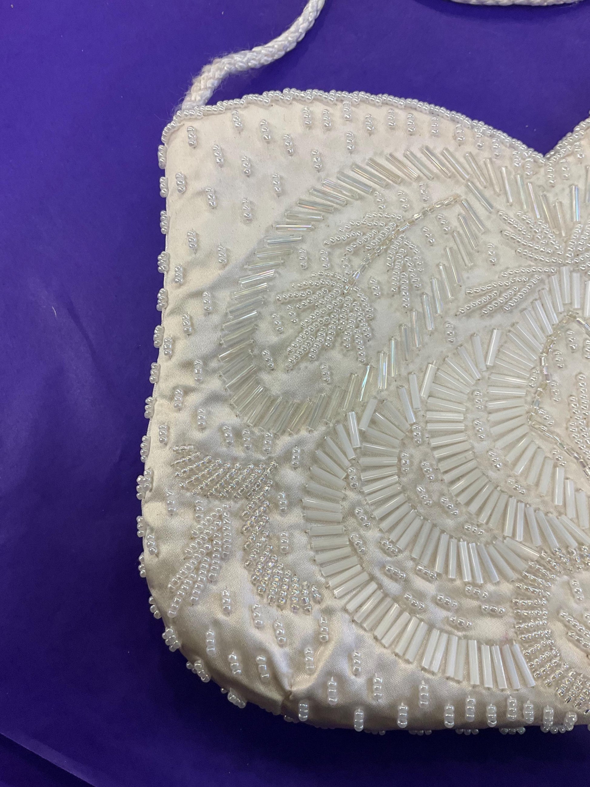 vintage ’sailsburys’ 1970s Ivory satin beaded evening bag, clutch or shoulder strap