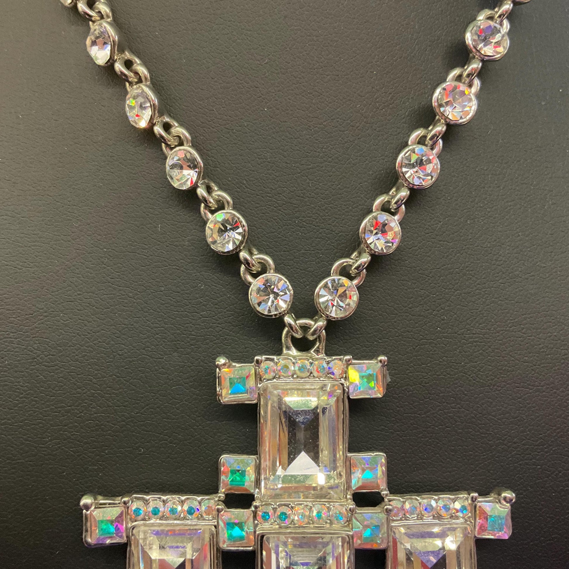 Vintage Butler and Wilson Statement Art Deco Crystal Cross Necklace. Silver tone metal with silver crystals and borealis rhinestones