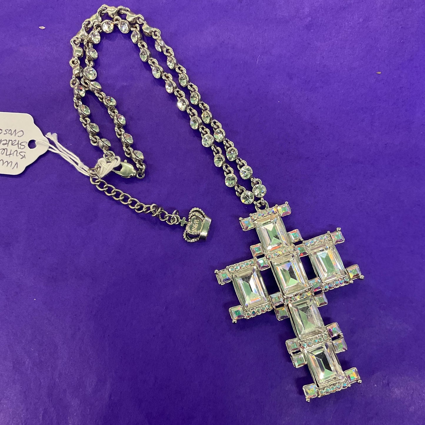 Vintage Butler and Wilson Statement Art Deco Crystal Cross Necklace. Silver tone metal with silver crystals and borealis rhinestones