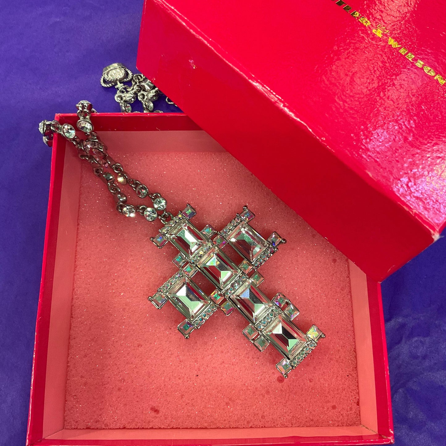 Vintage Butler and Wilson Statement Art Deco Crystal Cross Necklace. Silver tone metal with silver crystals and borealis rhinestones