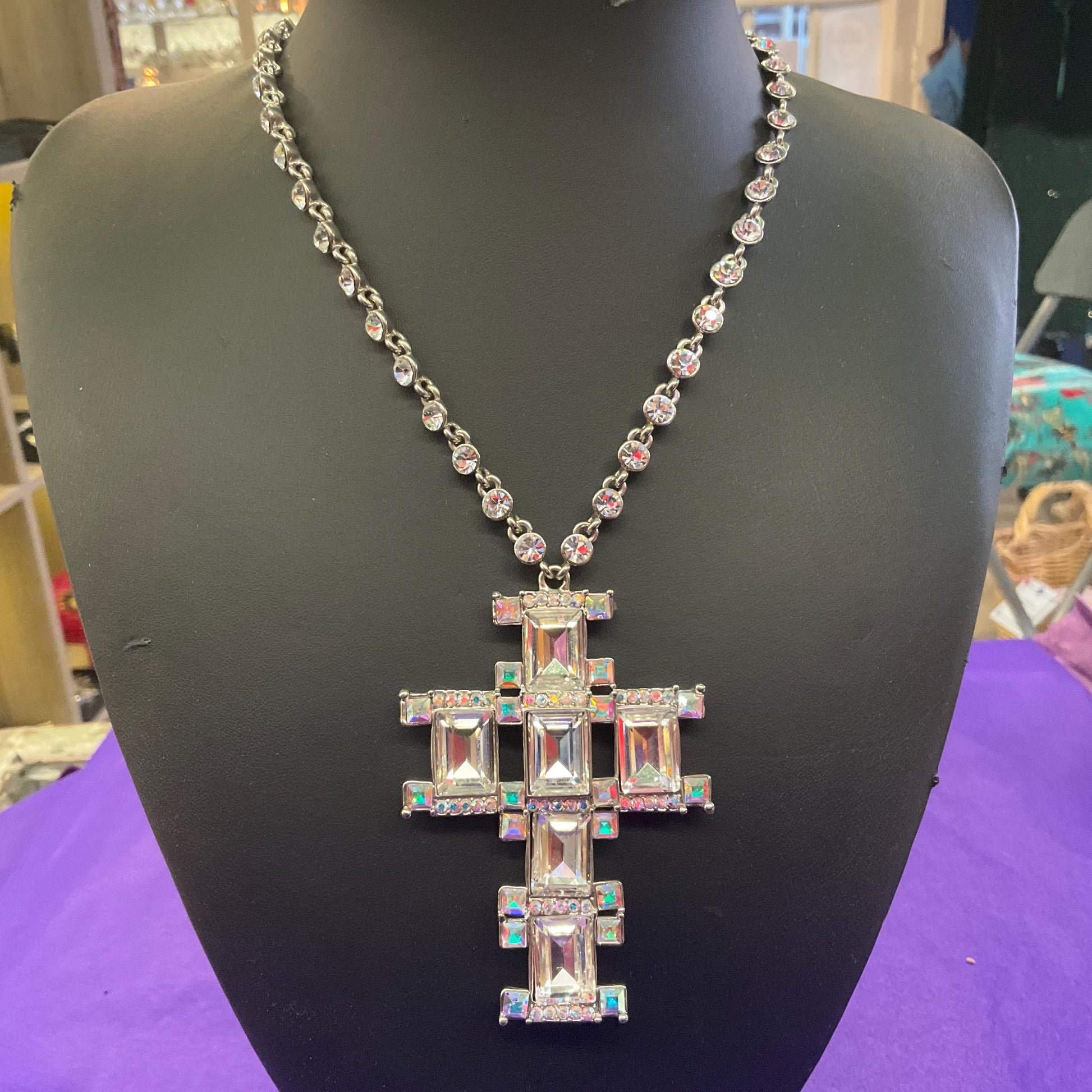 Vintage Butler and Wilson Statement Art Deco Crystal Cross Necklace. Silver tone metal with silver crystals and borealis rhinestones