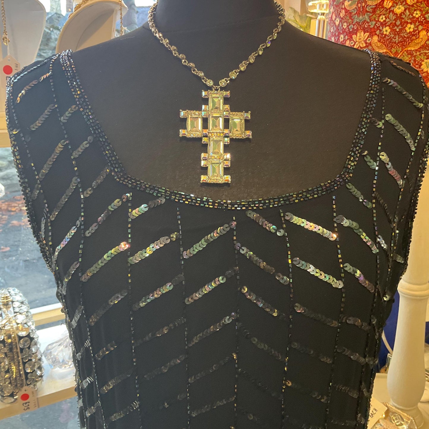 Vintage Butler and Wilson Statement Art Deco Crystal Cross Necklace. Silver tone metal with silver crystals and borealis rhinestones