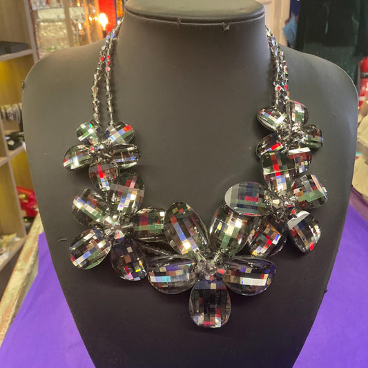 Vintage Butler and Wilson Statement Pewter Crystal Flower Garland Necklace, graduated flowers with faceted crystal petals