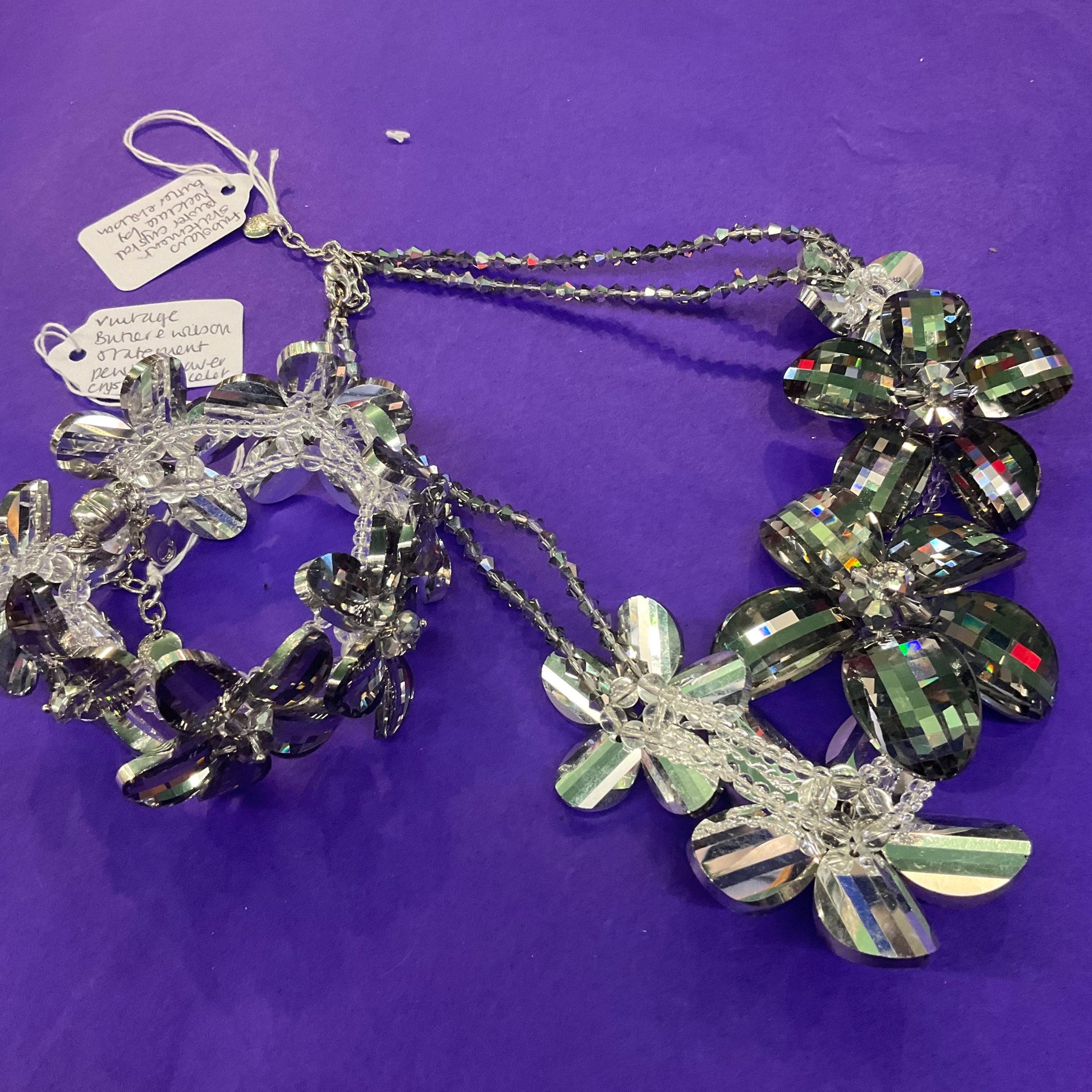 Vintage Butler and Wilson Statement Pewter Crystal Flower Garland Necklace, graduated flowers with faceted crystal petals