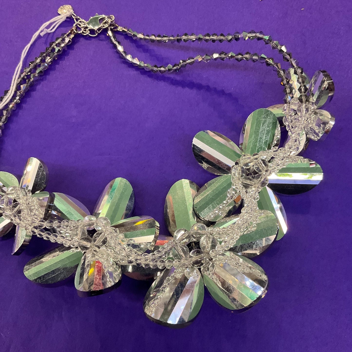 Vintage Butler and Wilson Statement Pewter Crystal Flower Garland Necklace, graduated flowers with faceted crystal petals