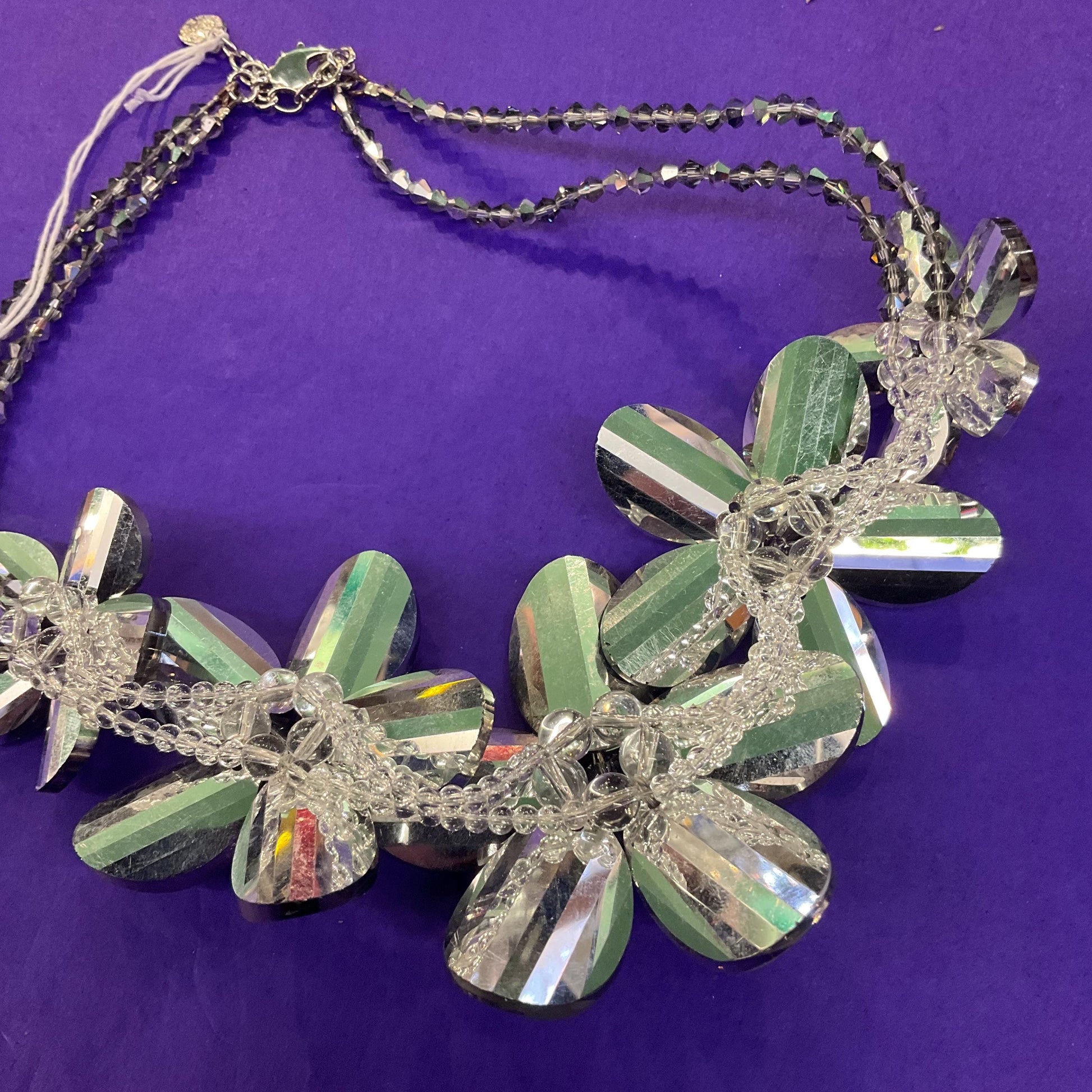 Vintage Butler and Wilson Statement Pewter Crystal Flower Garland Necklace, graduated flowers with faceted crystal petals