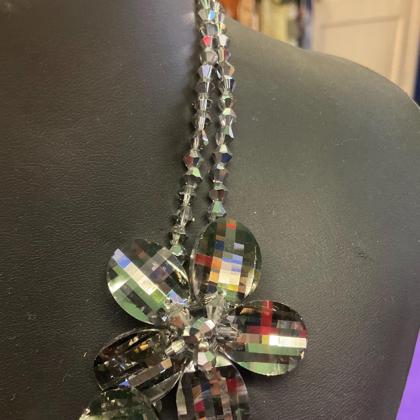 Vintage Butler and Wilson Statement Pewter Crystal Flower Garland Necklace, graduated flowers with faceted crystal petals