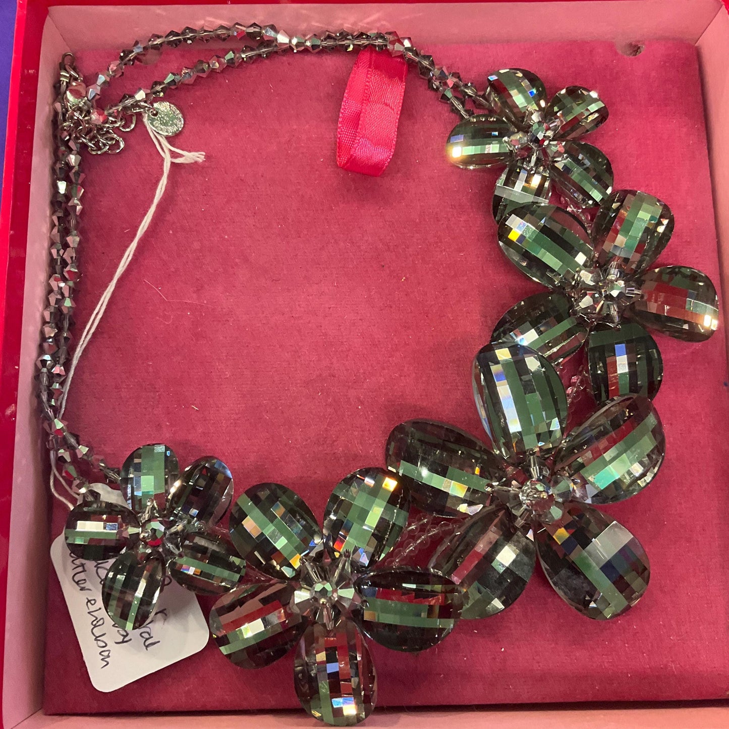 Vintage Butler and Wilson Statement Pewter Crystal Flower Garland Necklace, graduated flowers with faceted crystal petals