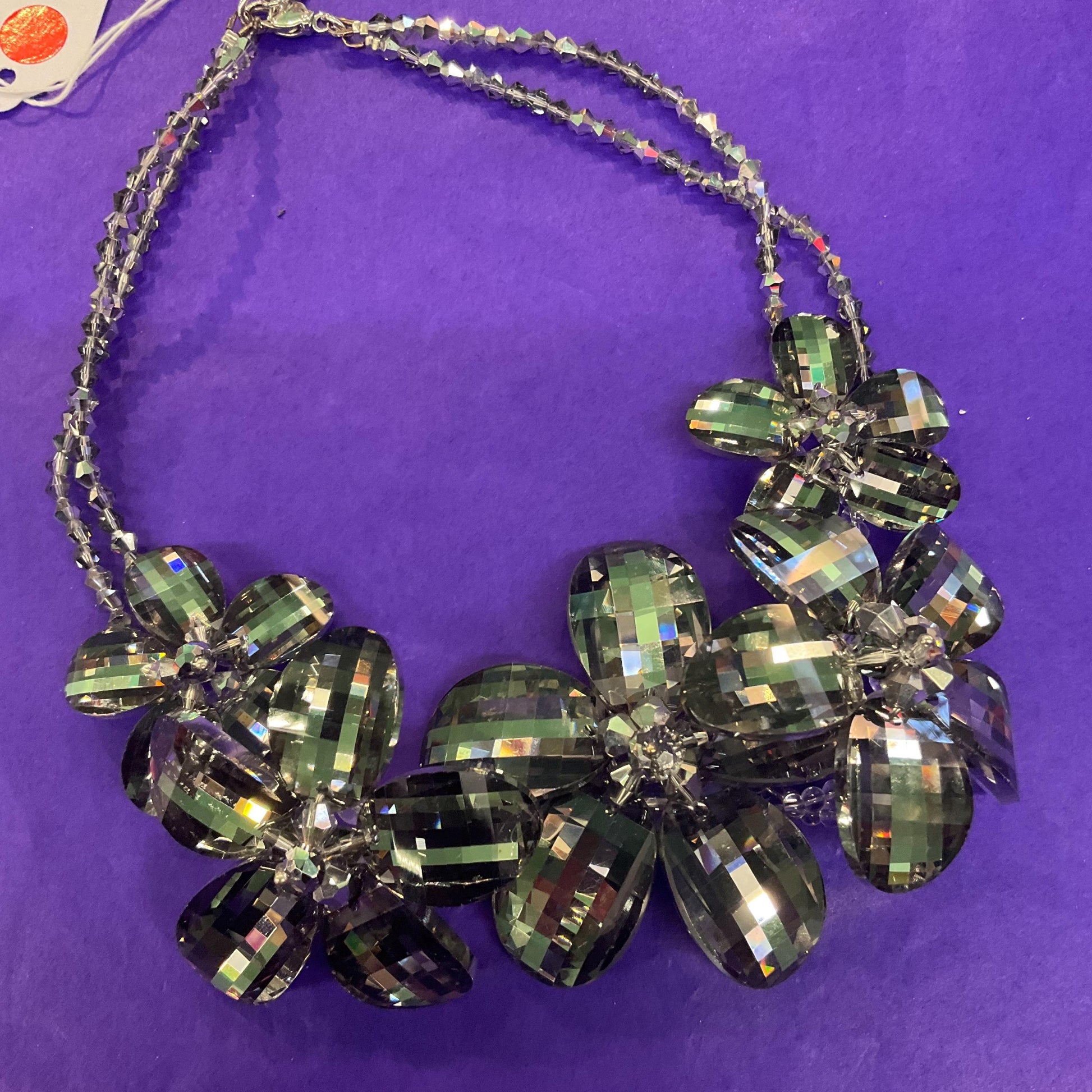 Vintage Butler and Wilson Statement Pewter Crystal Flower Garland Necklace, graduated flowers with faceted crystal petals