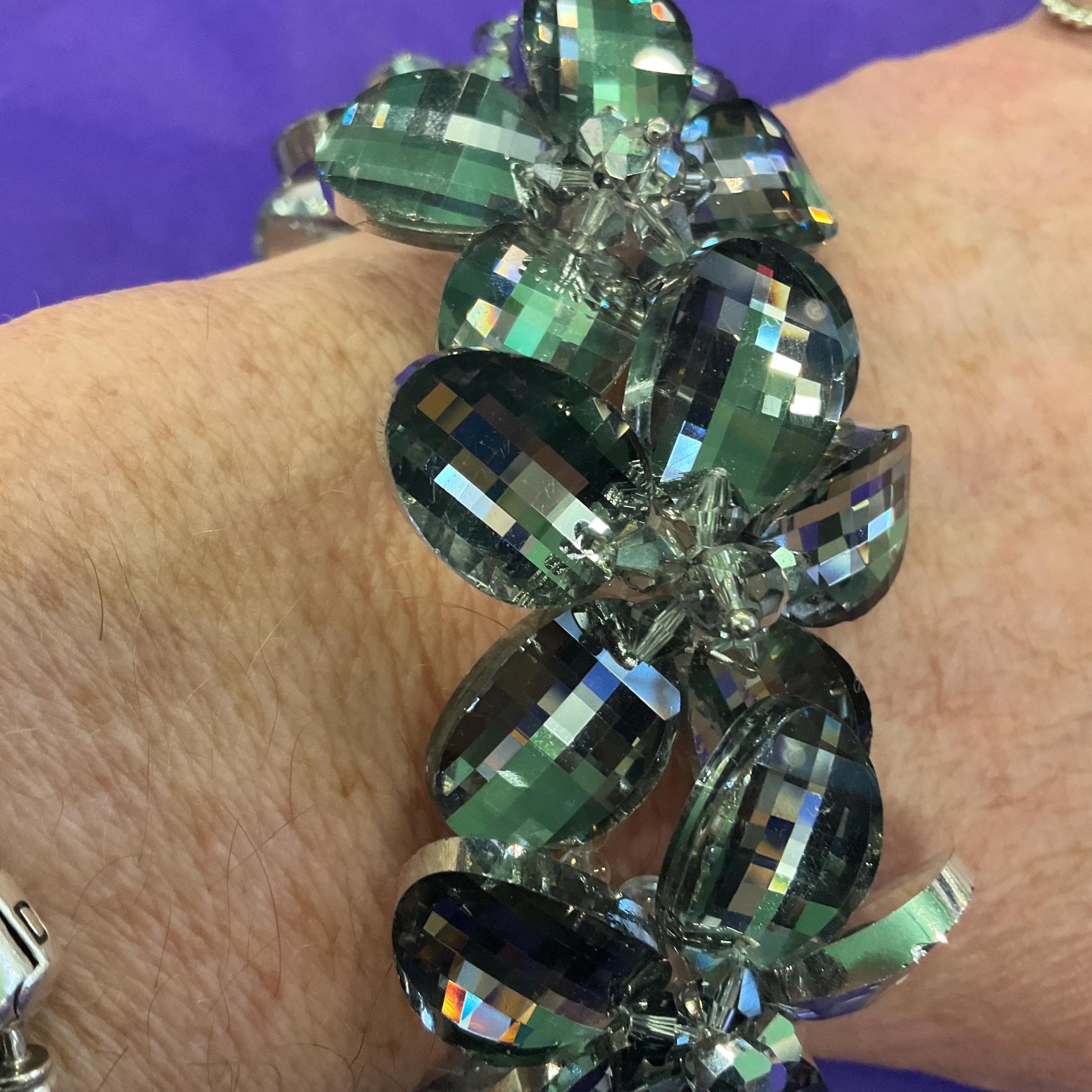 Vintage Butler and Wilson Pewter Flower Garland Crystal Bracelet, multi faceted crystals