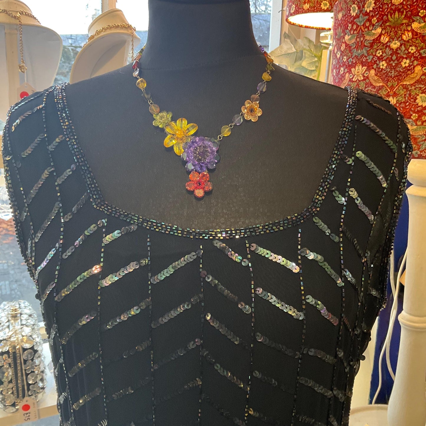 Vintage Butler and Wilson Rainbow Crystal Asymmetric Floral Y Drop Necklace, silver tone with multicolored crystals