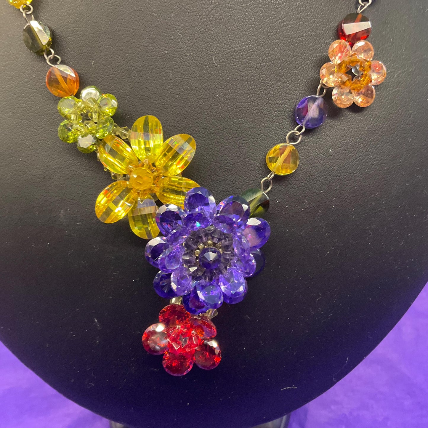 Vintage Butler and Wilson Rainbow Crystal Asymmetric Floral Y Drop Necklace, silver tone with multicolored crystals