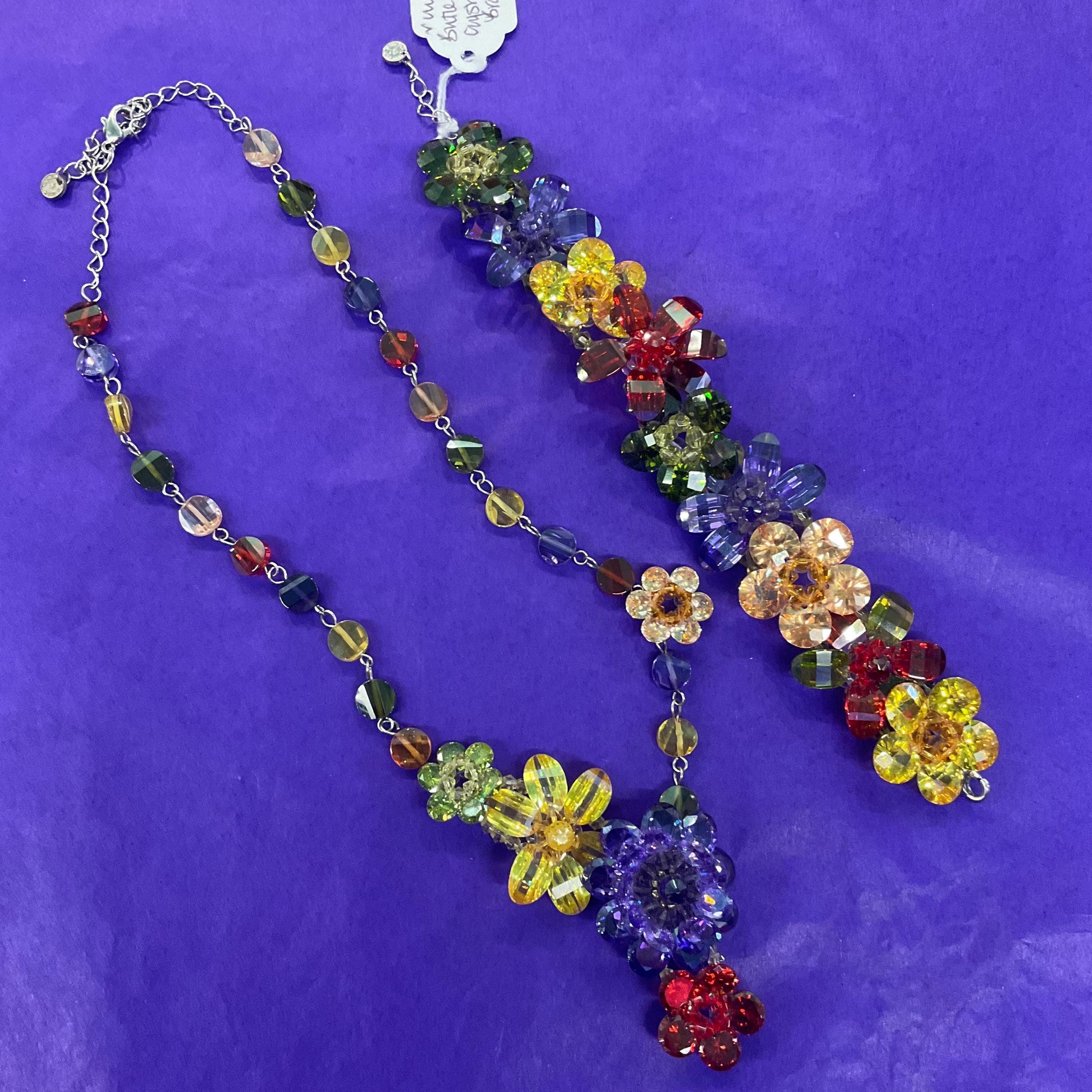 Vintage Butler and Wilson Rainbow Crystal Asymmetric Floral Y Drop Necklace, silver tone with multicolored crystals