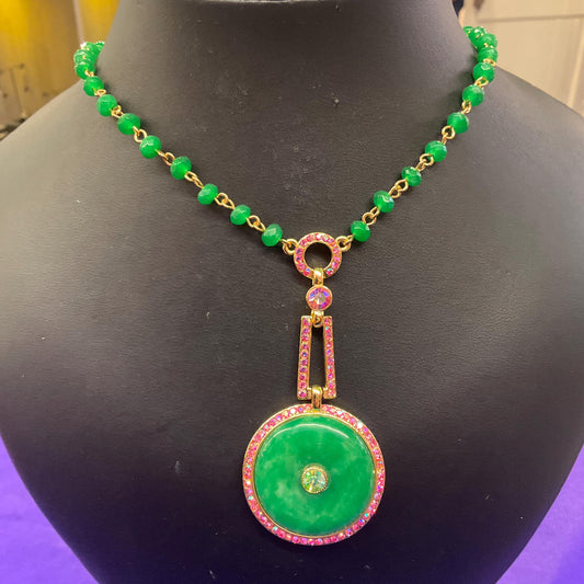 Vintage Butler and Wilson Green Crystal Art Deco Style Necklace, gold tone with crystal beads and borealis rhinestones