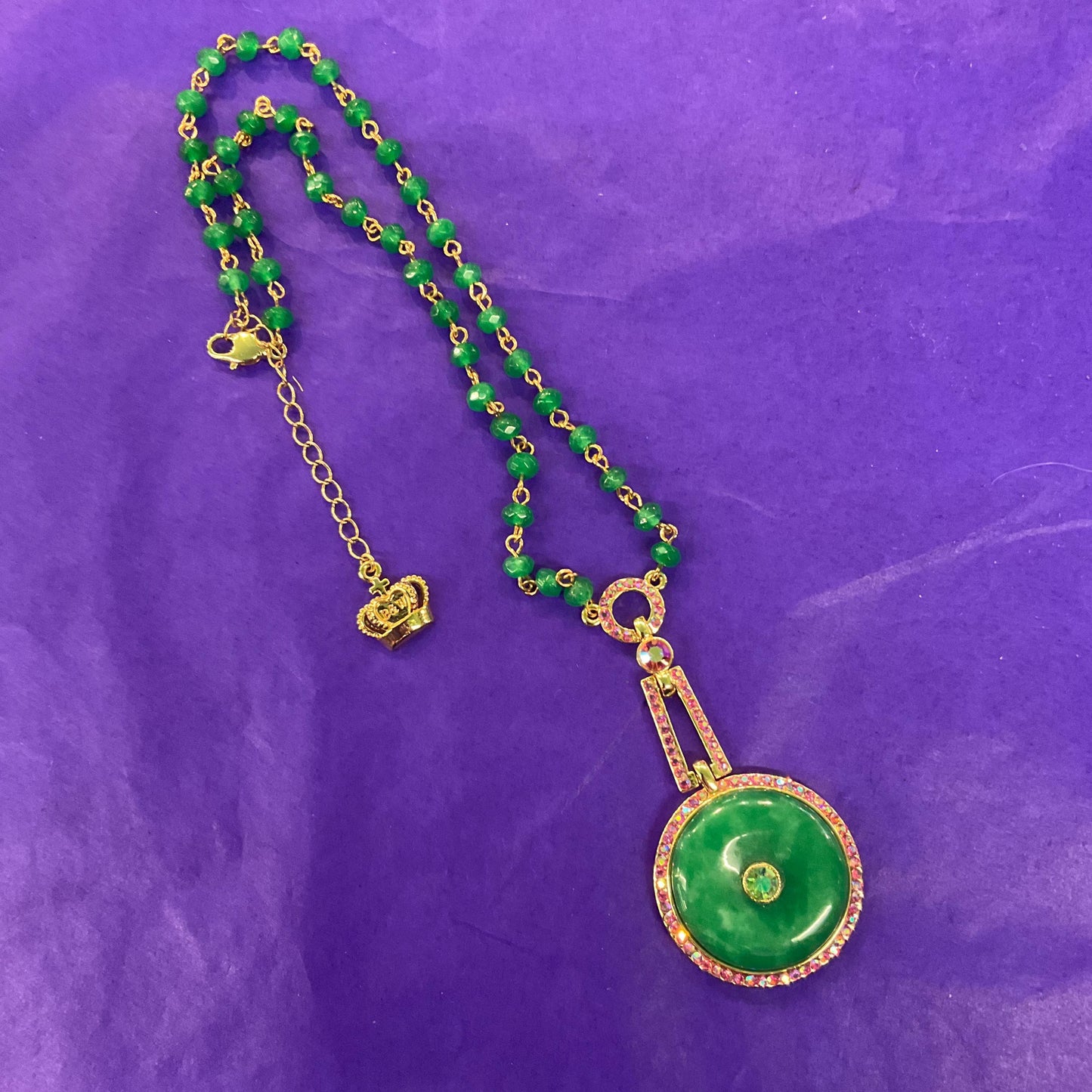 Vintage Butler and Wilson Green Crystal Art Deco Style Necklace, gold tone with crystal beads and borealis rhinestones