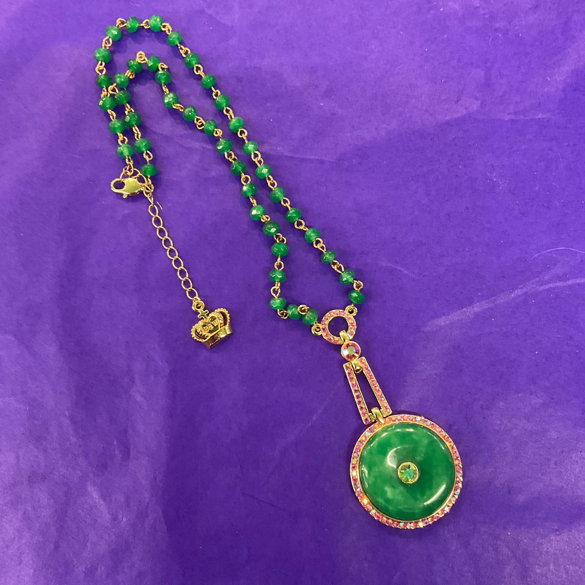 Vintage Butler and Wilson Green Crystal Art Deco Style Necklace, gold tone with crystal beads and borealis rhinestones