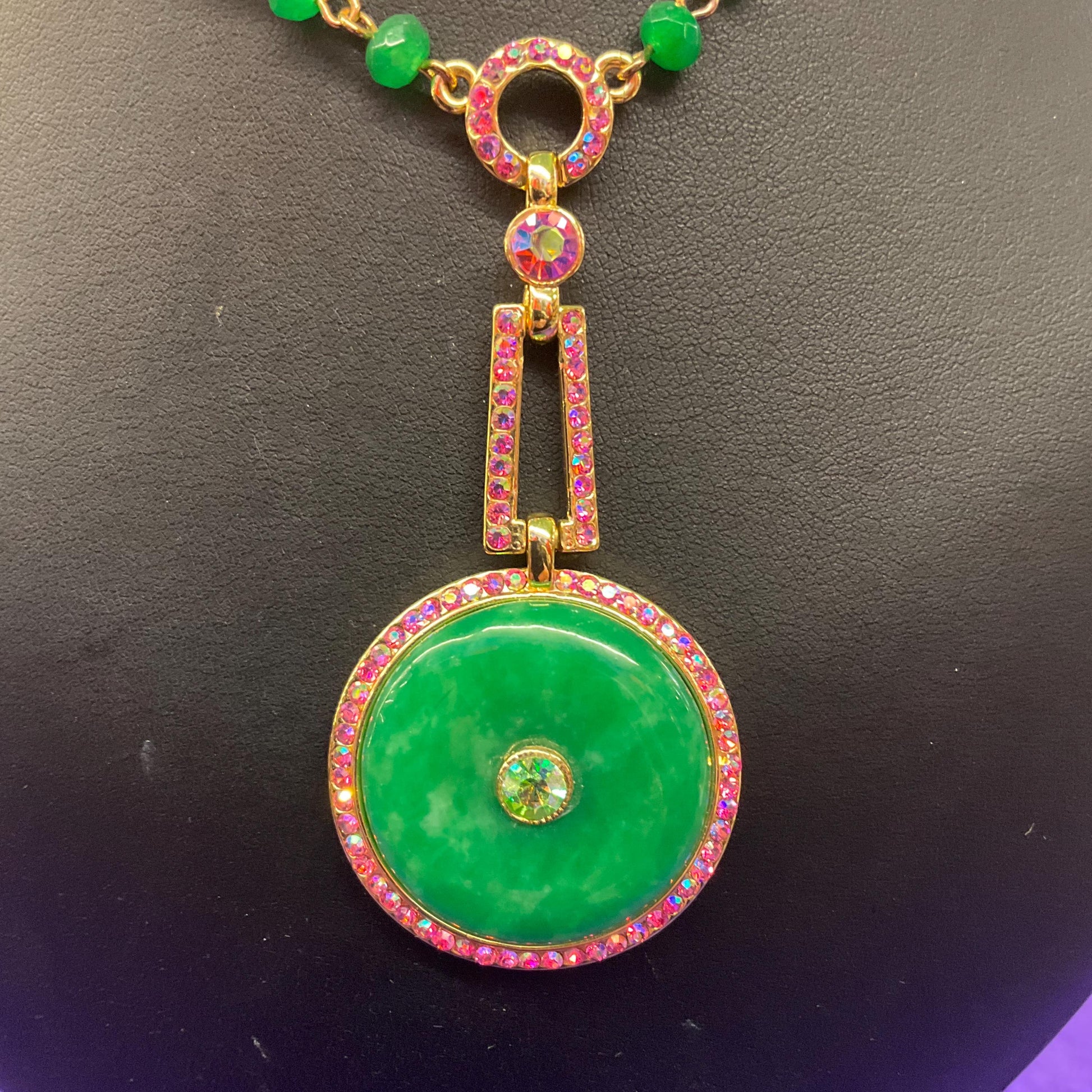 Vintage Butler and Wilson Green Crystal Art Deco Style Necklace, gold tone with crystal beads and borealis rhinestones