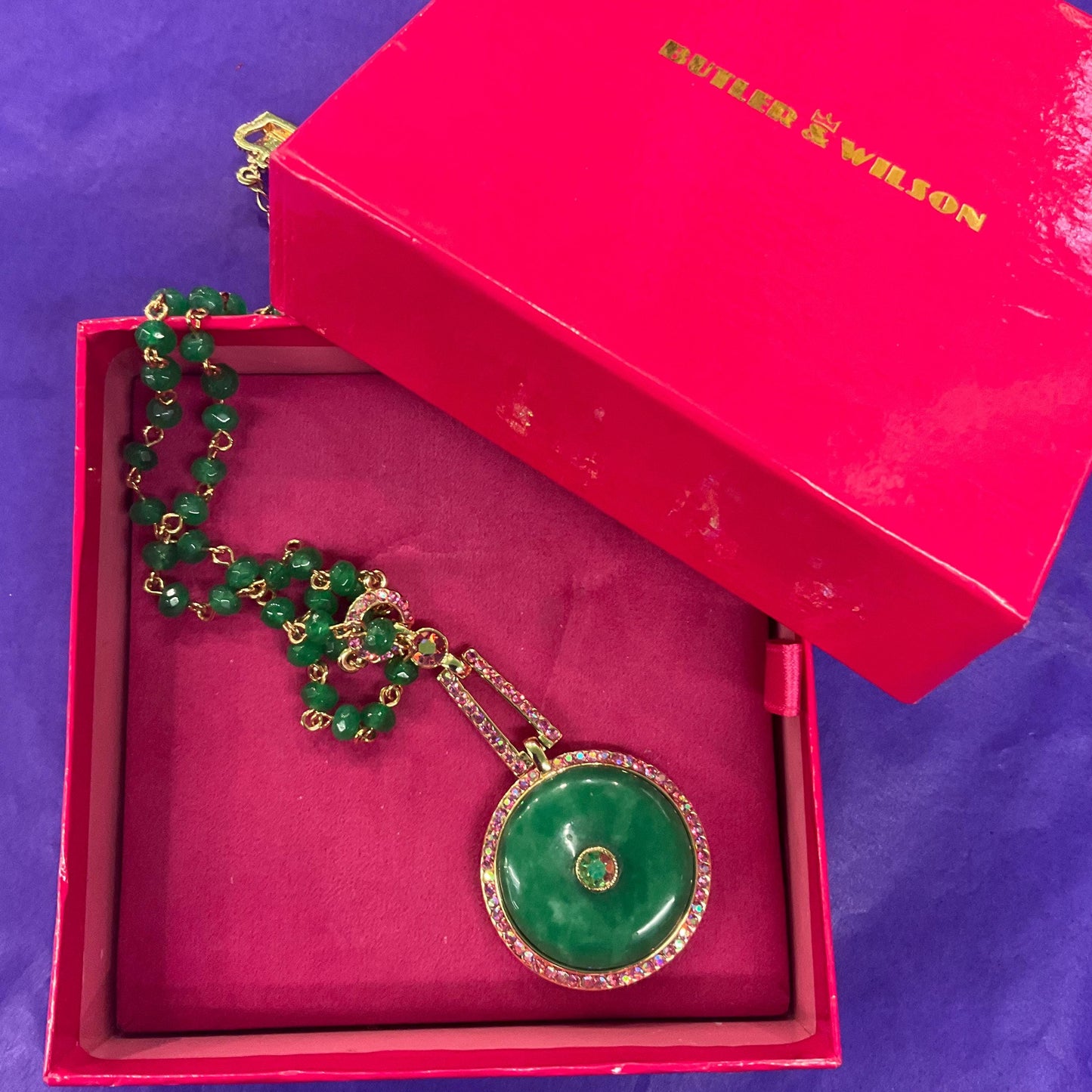 Vintage Butler and Wilson Green Crystal Art Deco Style Necklace, gold tone with crystal beads and borealis rhinestones