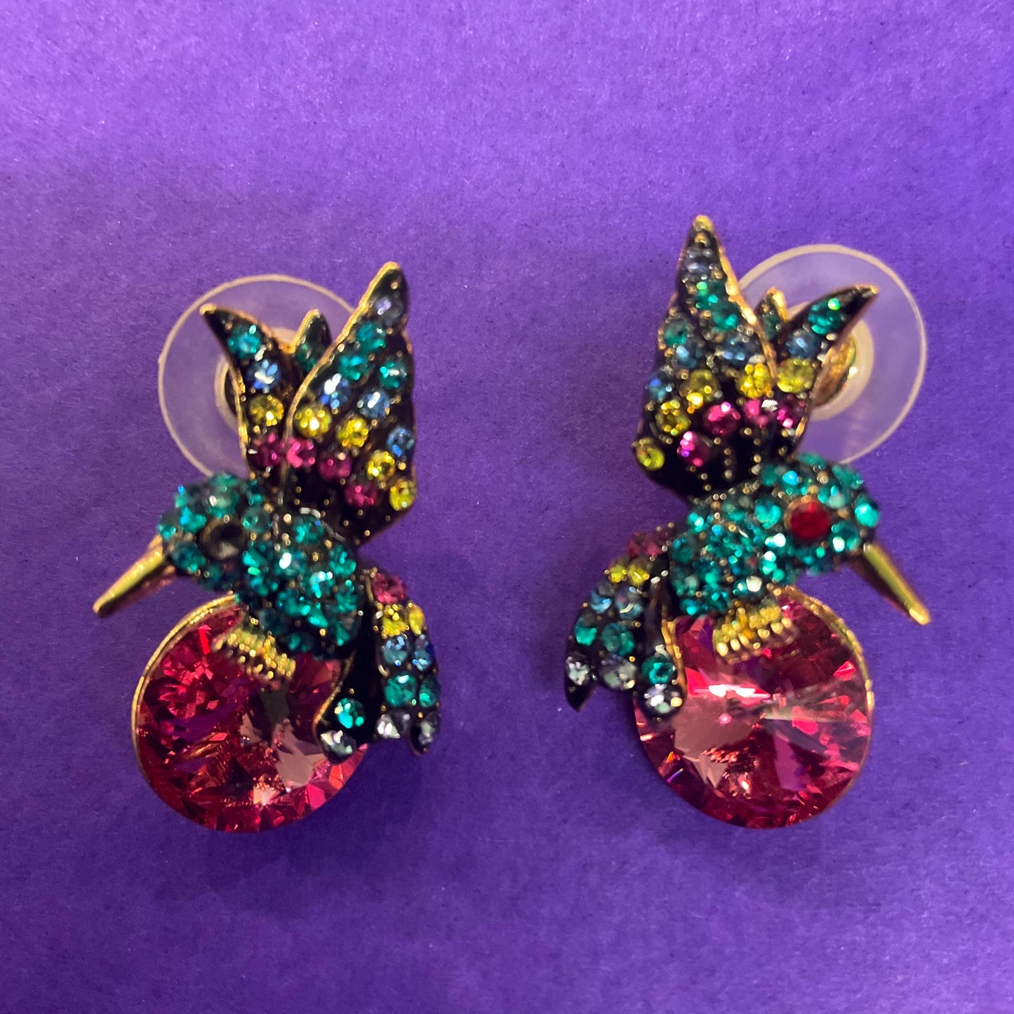 Vintage Butler and Wilson Rainbow Crystal Kingfisher Drop Earrings, Gold Tone with large pink crystal and multicoloured rhinestones