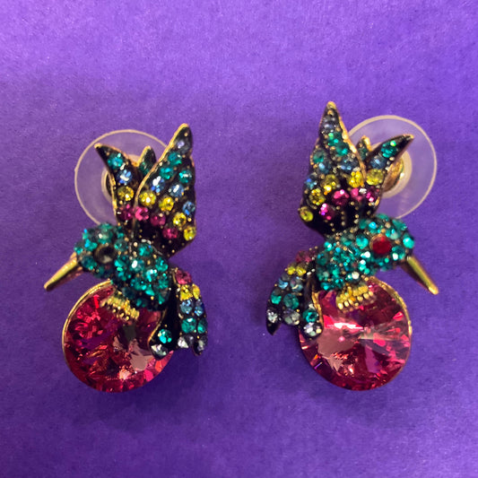 Vintage Butler and Wilson Rainbow Crystal Kingfisher Drop Earrings, Gold Tone with large pink crystal and multicoloured rhinestones