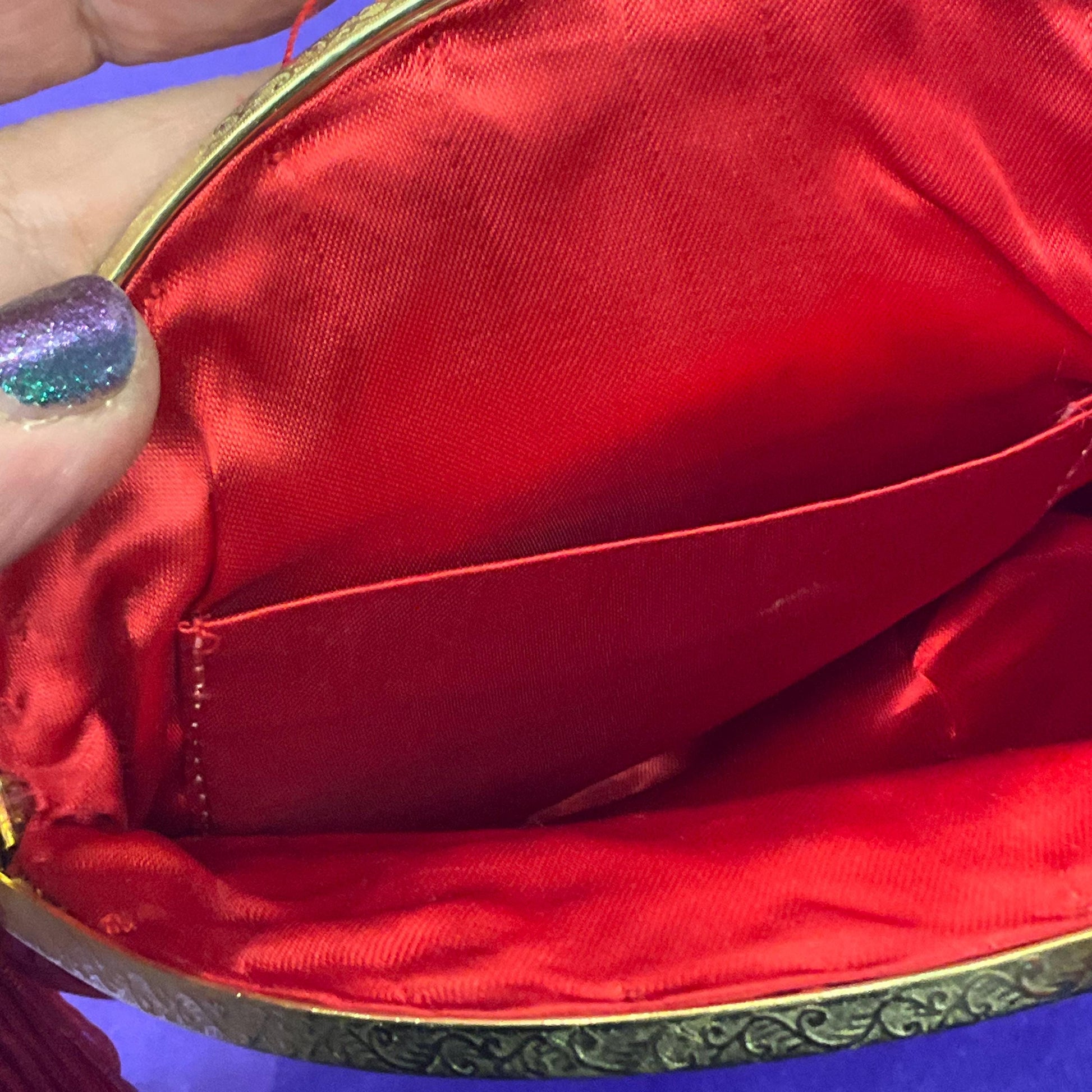 Vintage Red Silk and floral Embroidery evening Shoulder Bag, Circular shape with side tassels