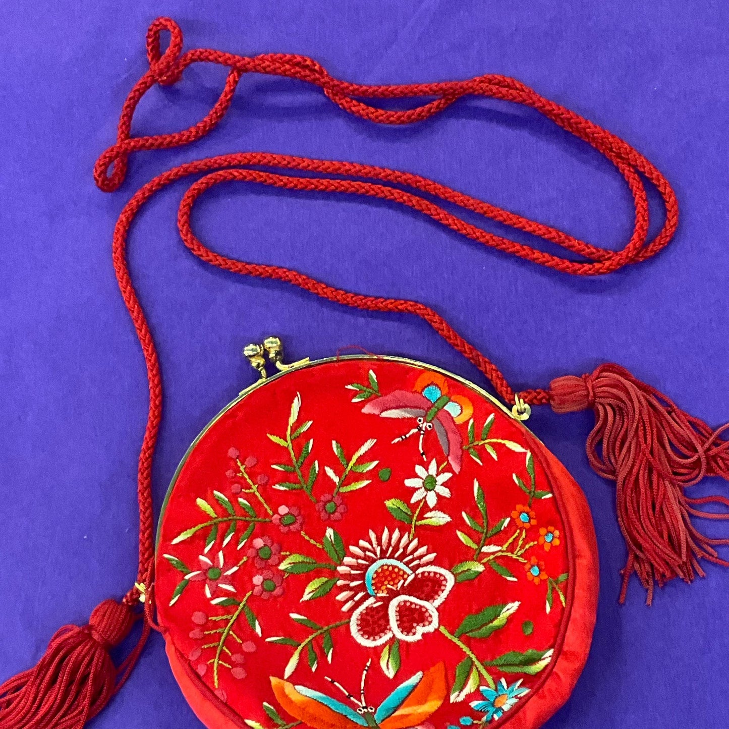 Vintage Red Silk and floral Embroidery evening Shoulder Bag, Circular shape with side tassels