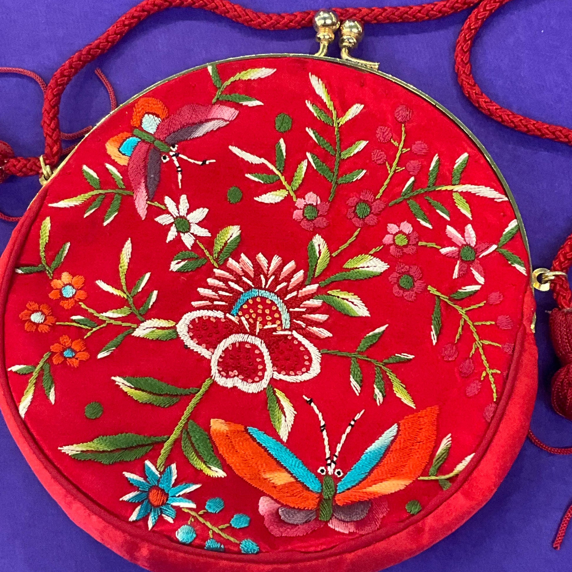 Vintage Red Silk and floral Embroidery evening Shoulder Bag, Circular shape with side tassels