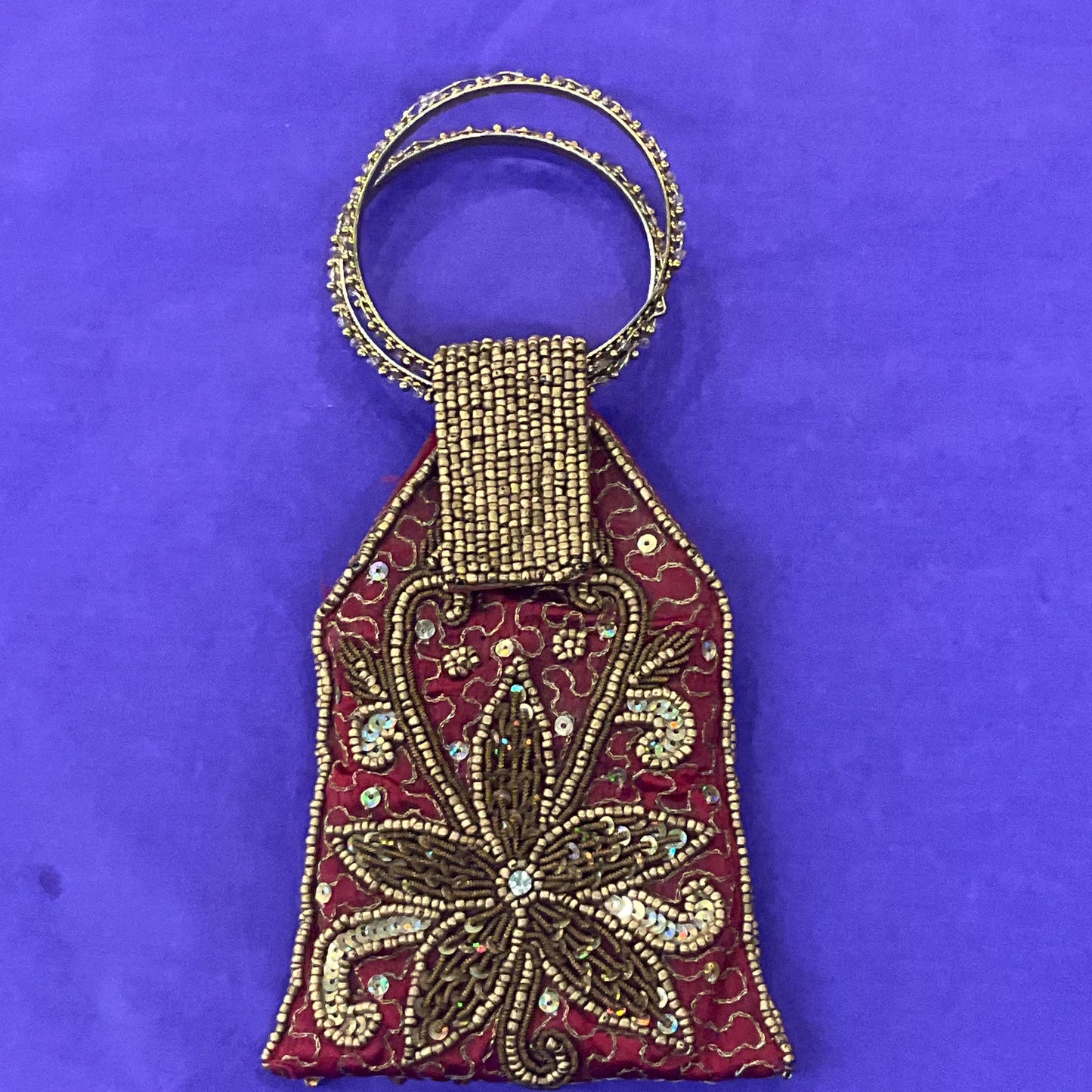 Vintage Small Silk Beaded Evening Bag, red silk with gold floral detail