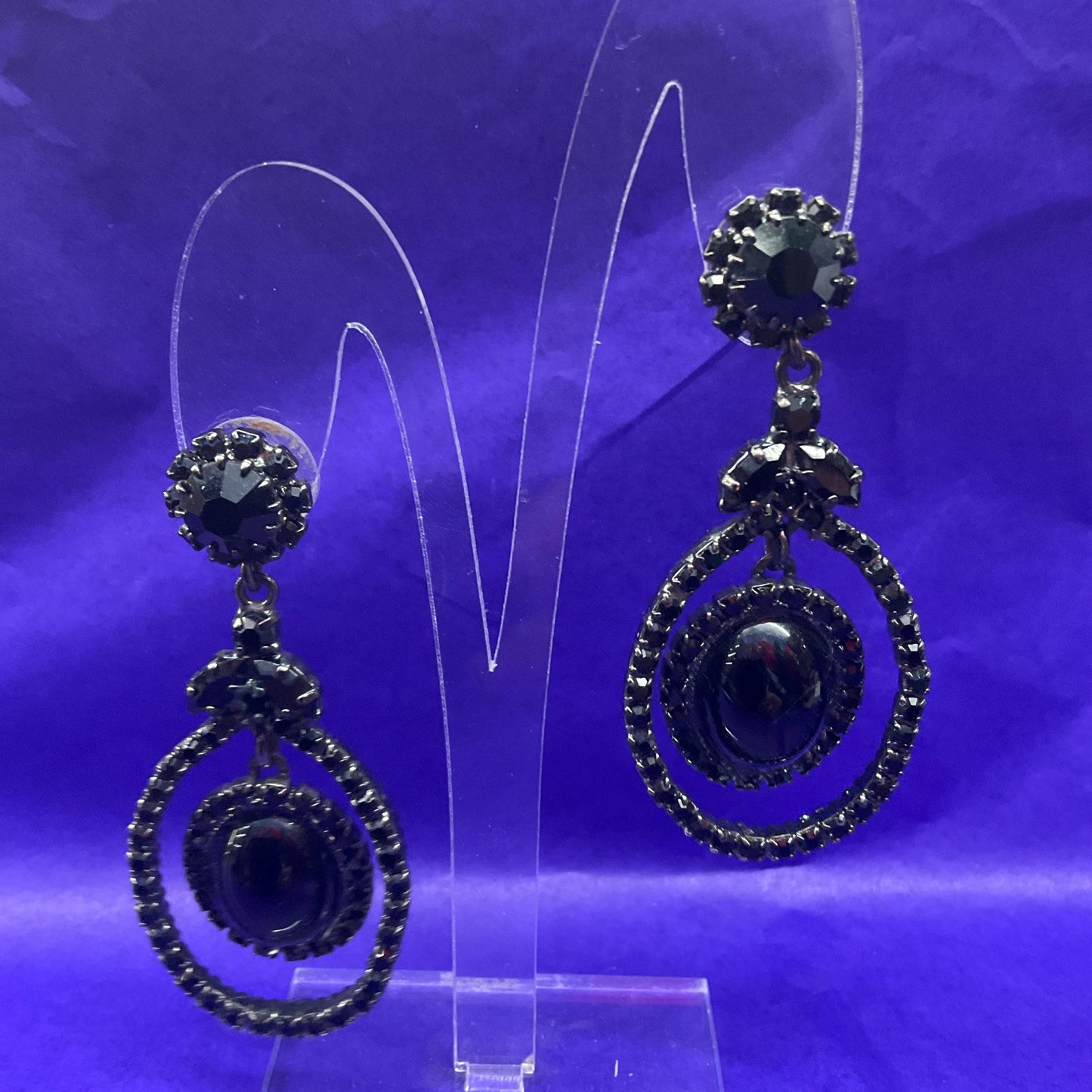 Vintage Butler and Wilson Black Crystal Long Drop Chandelier Earrings , pewter tone with large oval crystal and rhinestones