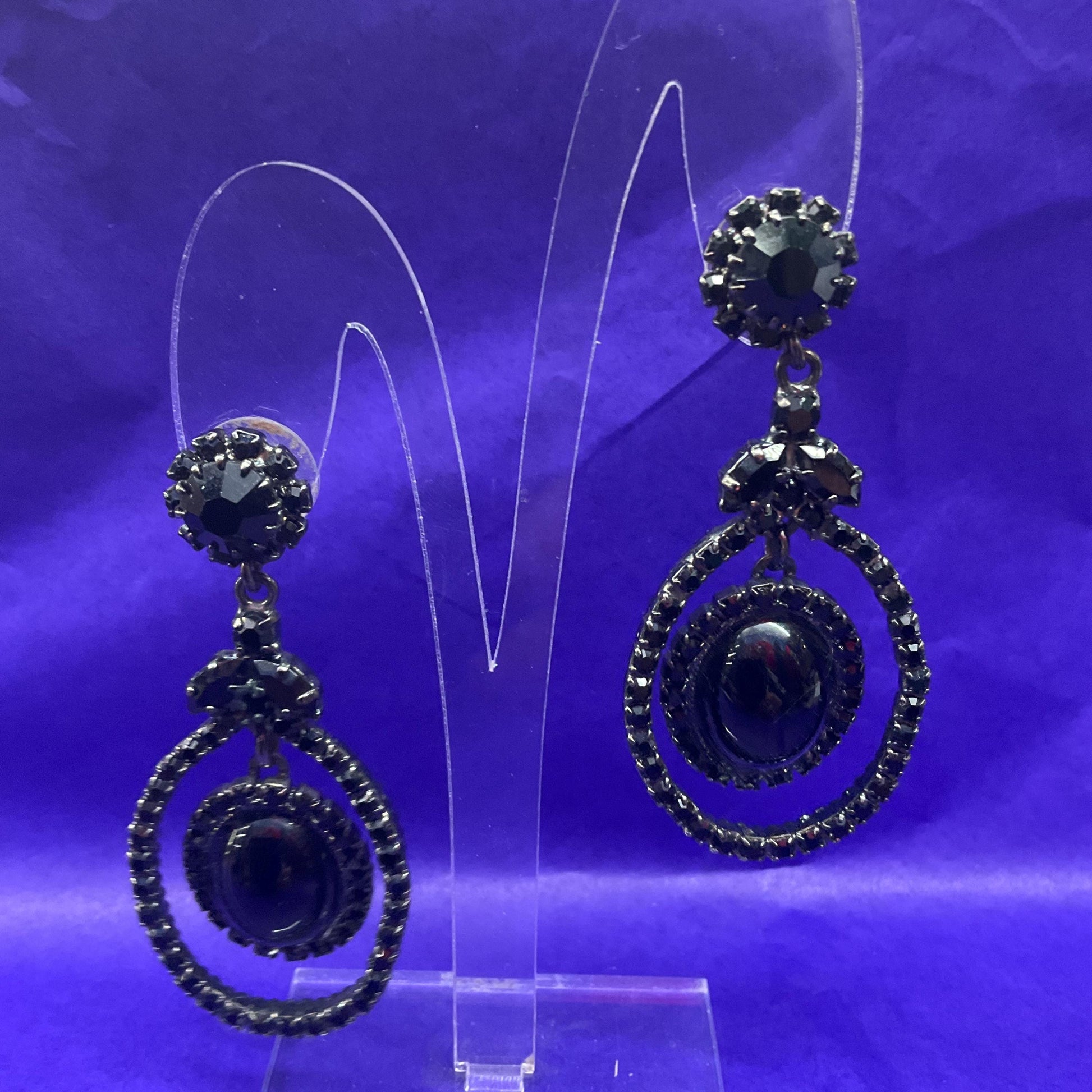 Vintage Butler and Wilson Black Crystal Long Drop Chandelier Earrings , pewter tone with large oval crystal and rhinestones