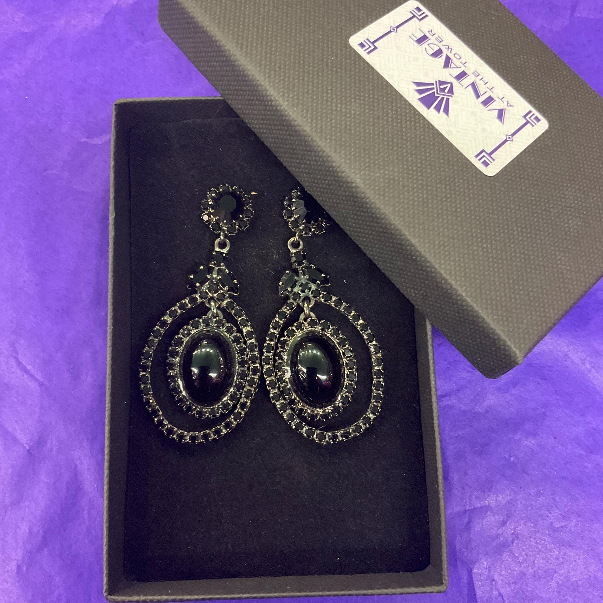 Vintage Butler and Wilson Black Crystal Long Drop Chandelier Earrings , pewter tone with large oval crystal and rhinestones