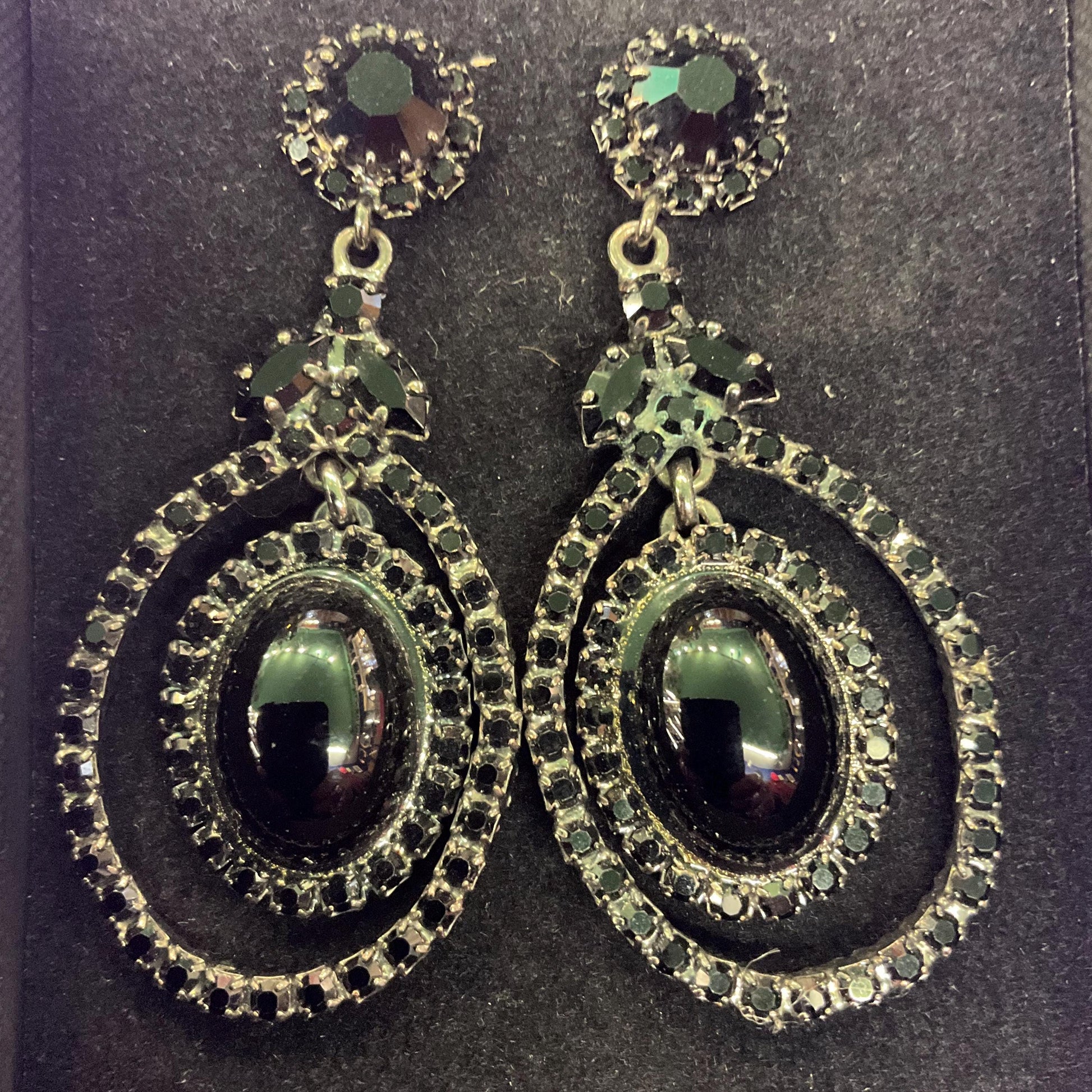 Vintage Butler and Wilson Black Crystal Long Drop Chandelier Earrings , pewter tone with large oval crystal and rhinestones