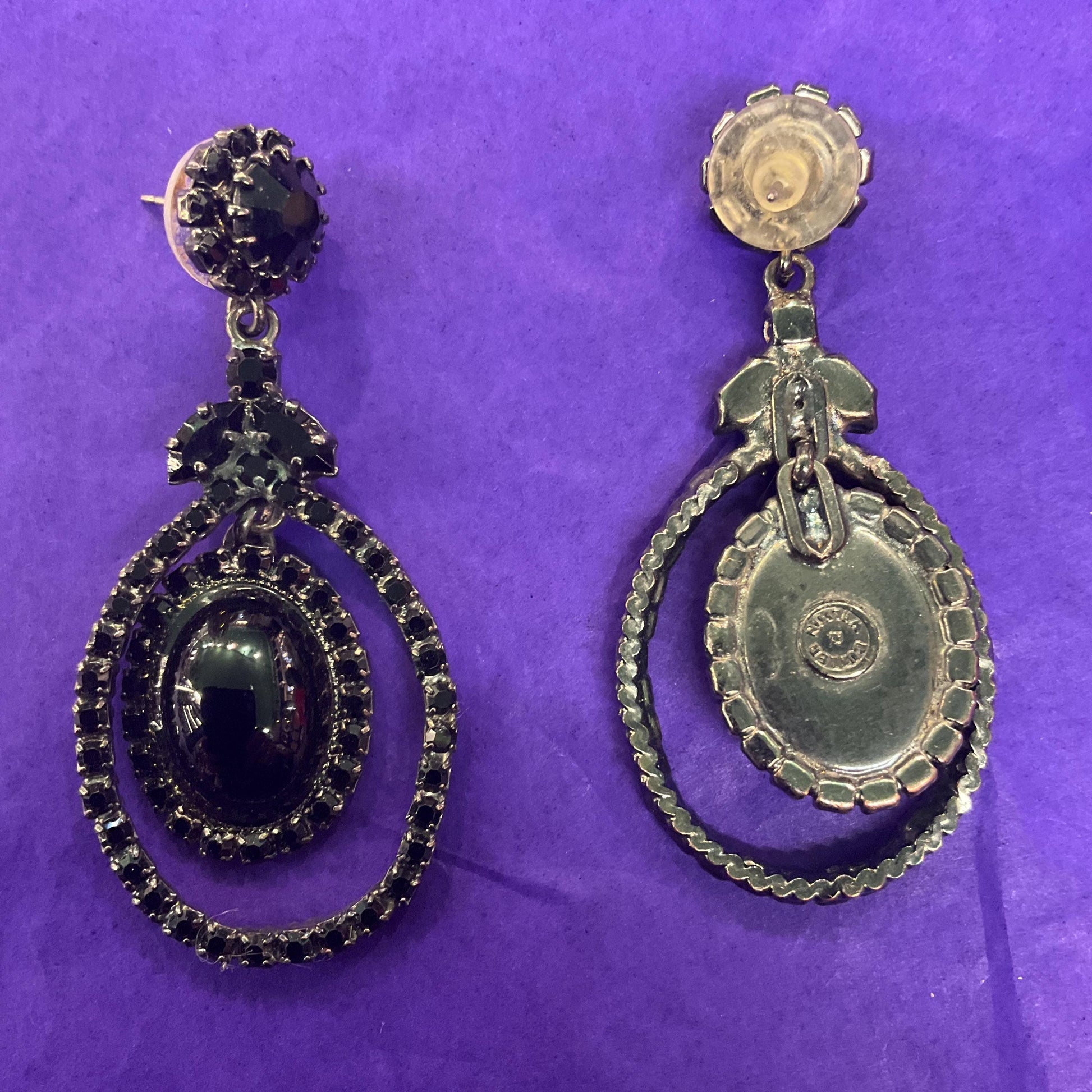 Vintage Butler and Wilson Black Crystal Long Drop Chandelier Earrings , pewter tone with large oval crystal and rhinestones