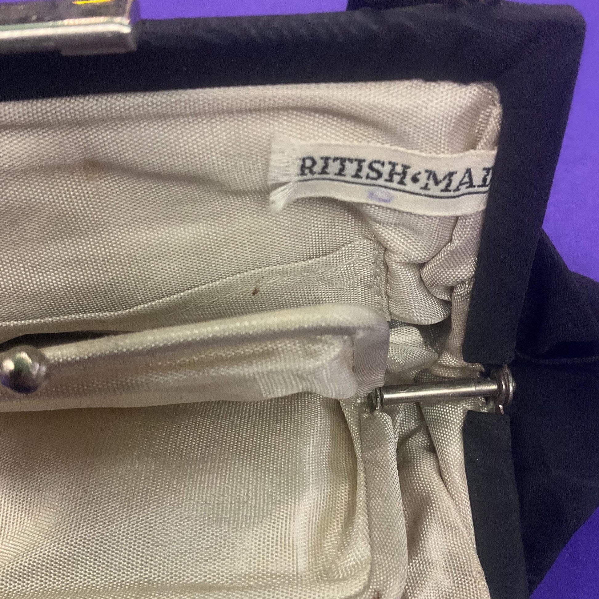 Antique Art Deco Black Moire Taffetta Evening Bag , British Made with integral coin purse