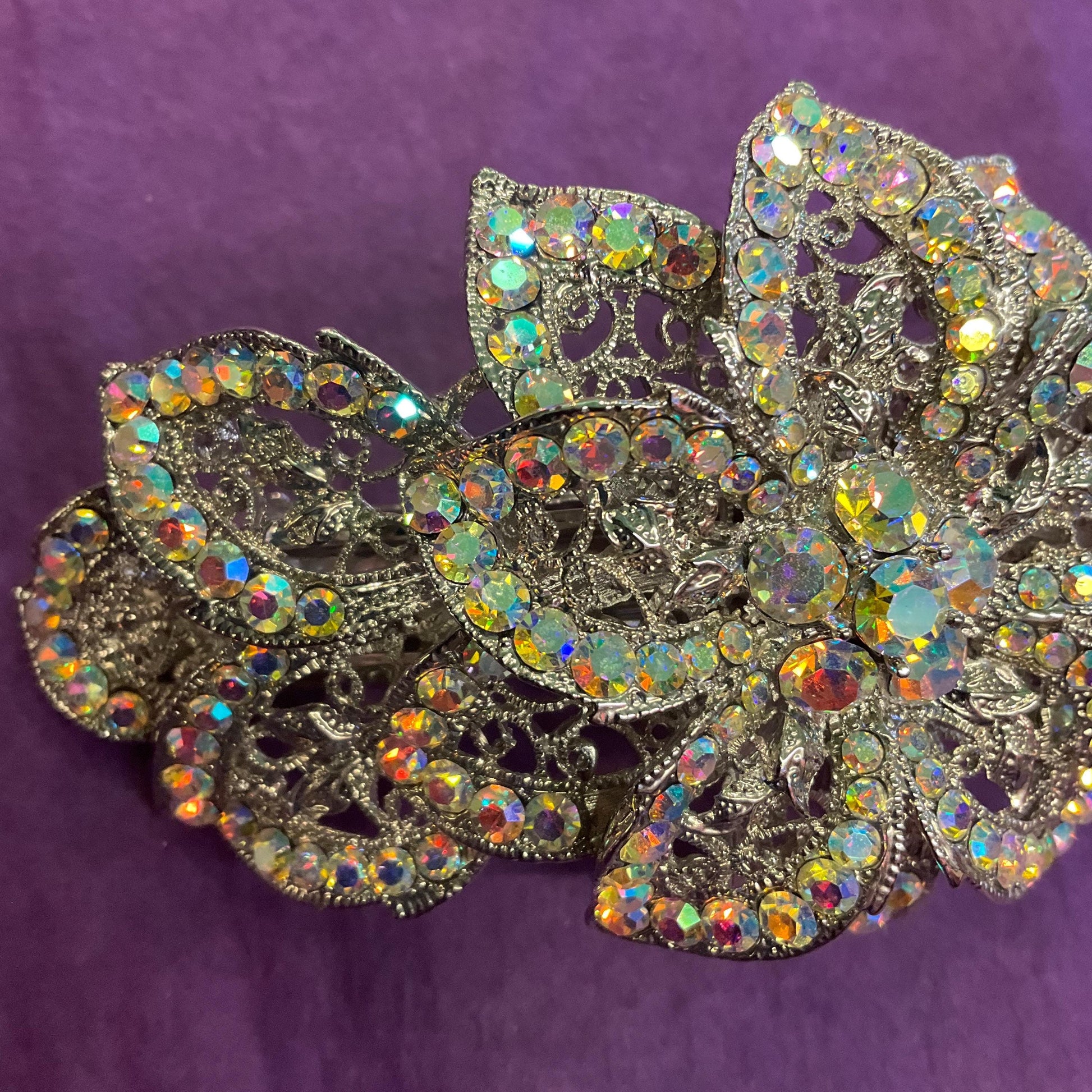 Vintage Butler and Wilson Statement Aurora Borealis Floral Barette Hair Clip, silver tone with rainbow rhinestones