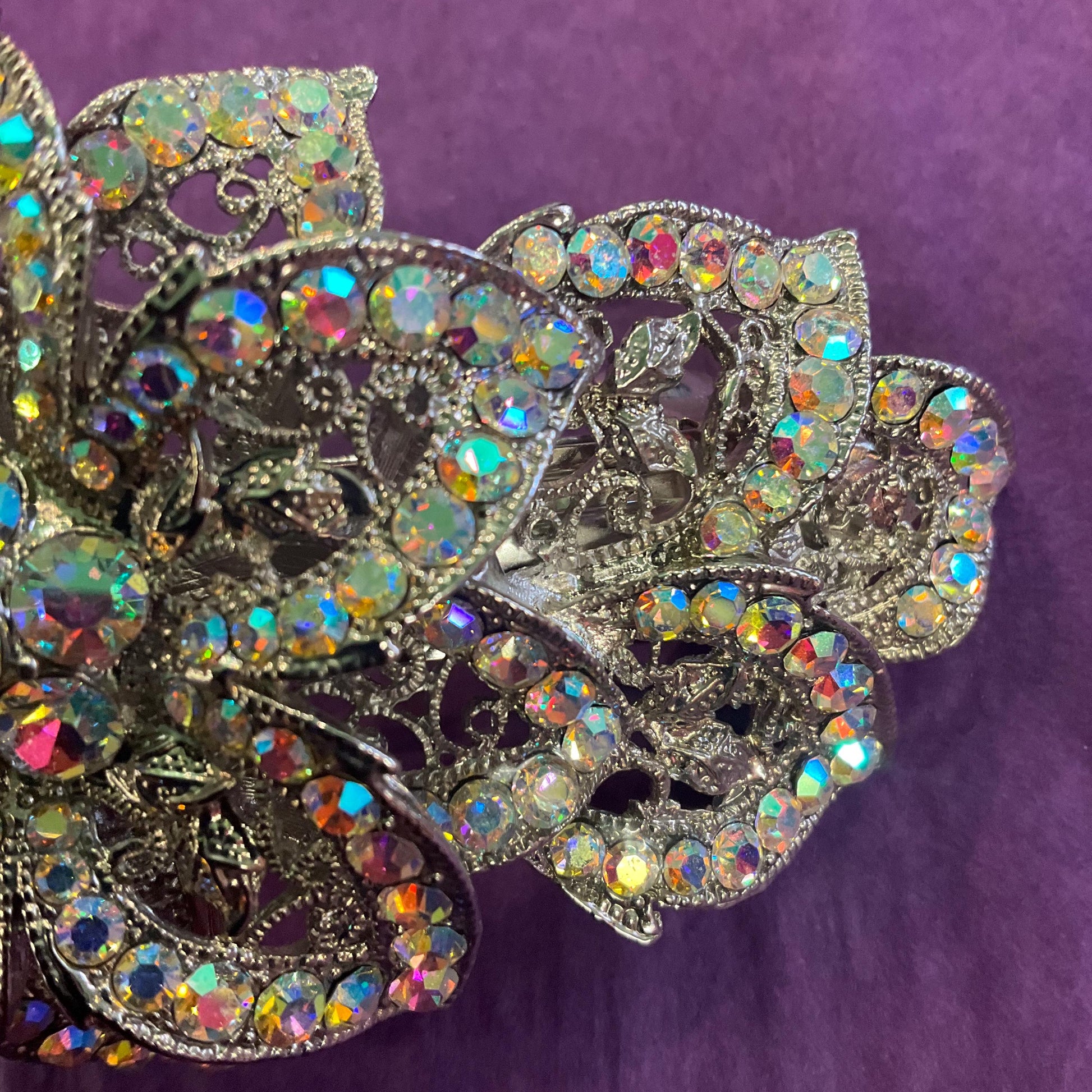 Vintage Butler and Wilson Statement Aurora Borealis Floral Barette Hair Clip, silver tone with rainbow rhinestones