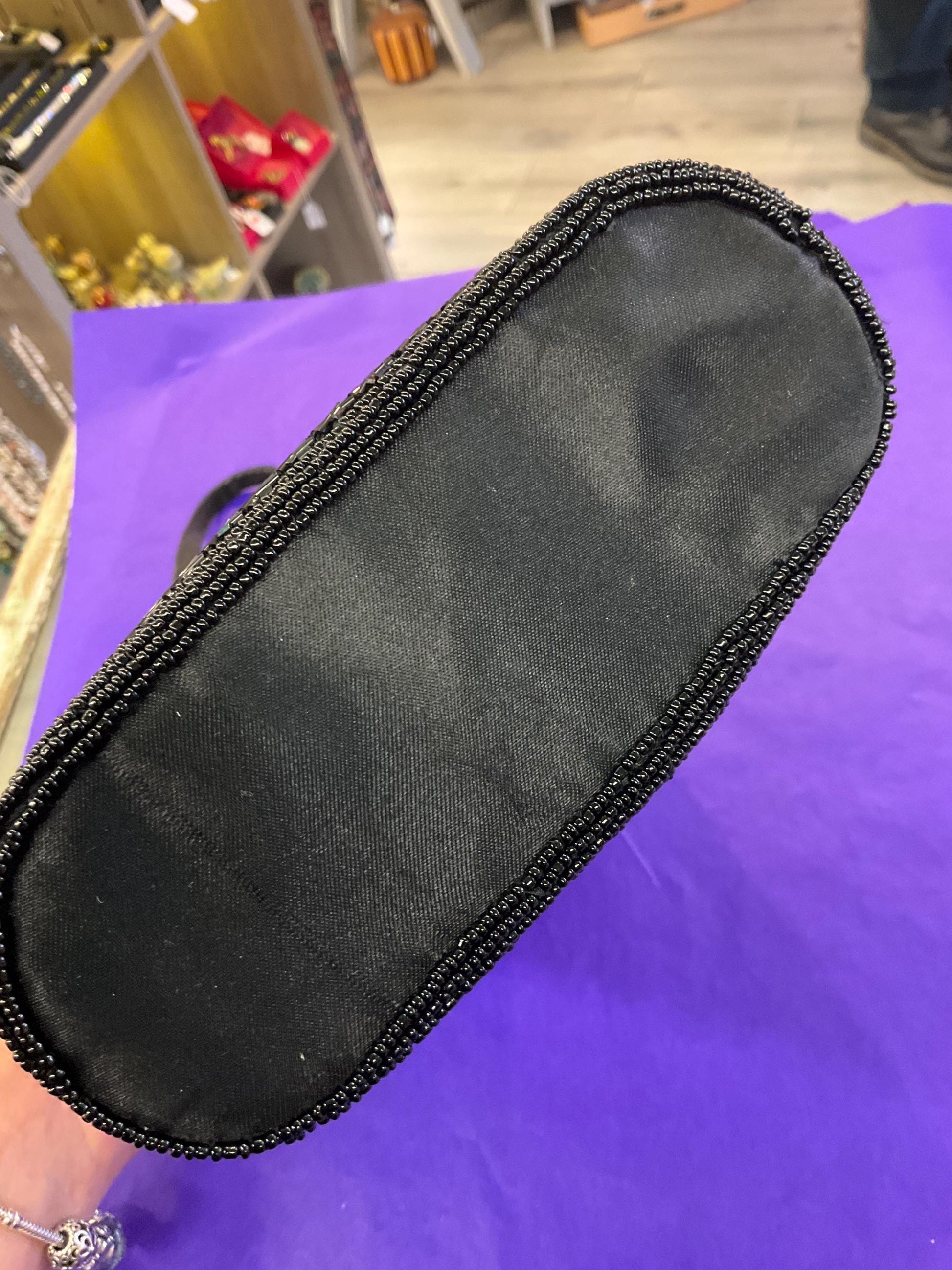 vintage monochrome beaded flower large evening bag, Black beads with Ivory sequins